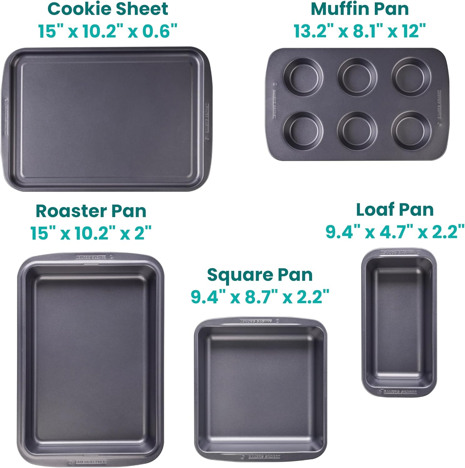 Bakers Secret 5-Piece Nonstick Carbon Steel Bakeware Set with Loaf Pan, Square Cake Pan, 6 Cup Muffin Pan, Roaster Pan, Cookie Sheet, Gray