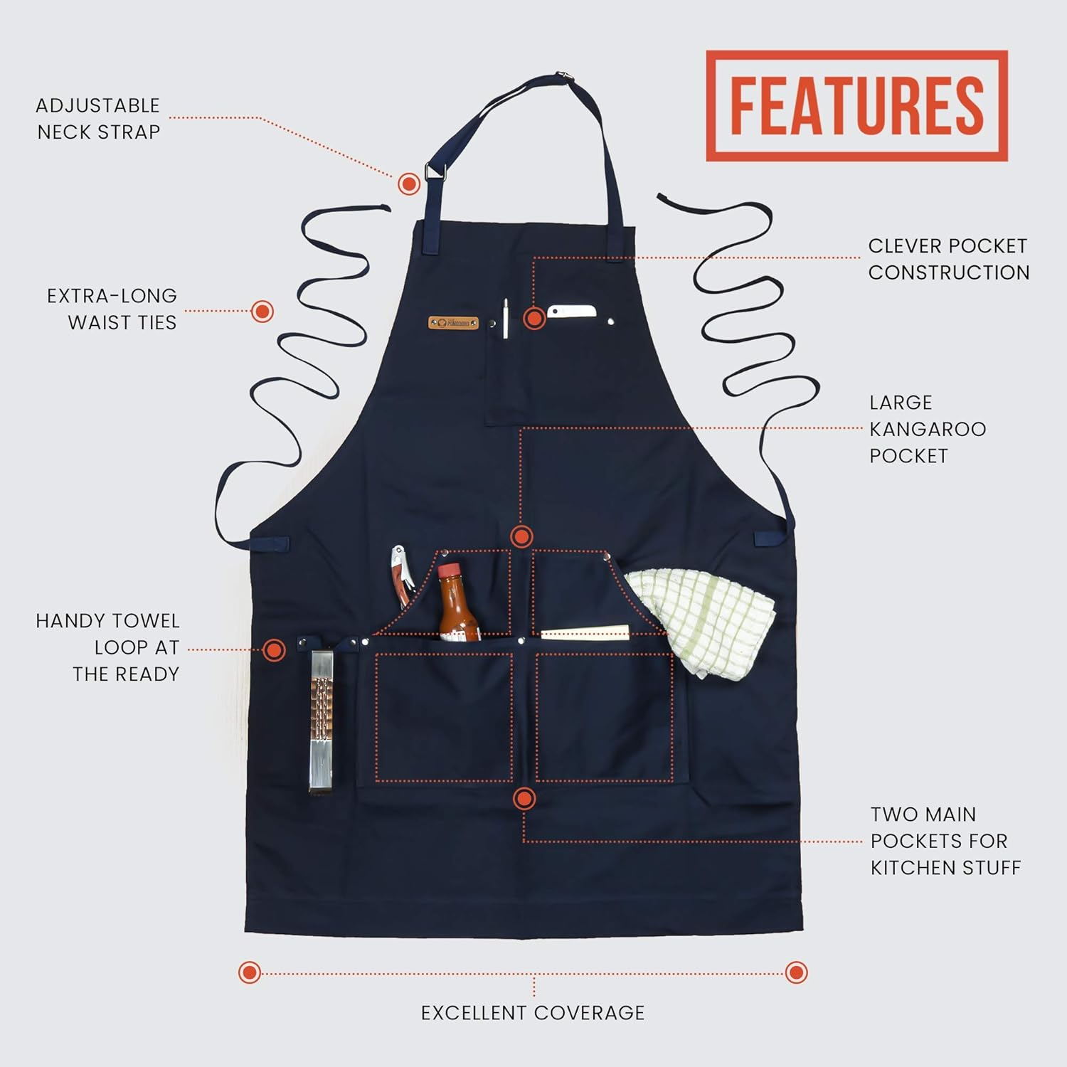Chef Pomodoro Chef Kitchen Apron for Men and Women with Pockets for Home, BBQ, Grill (Navy Blue)
