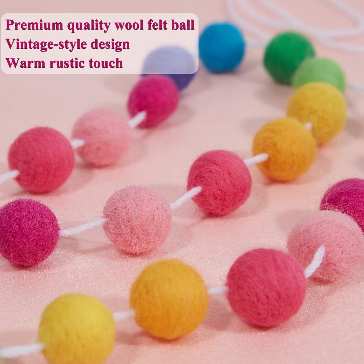 Wool Felt Ball Garland Colorful Pom Pom Garland Handmade 6.5 Feet Long 24 Balls Felt Ball Garlands for Wall Christmas Tree Decoration