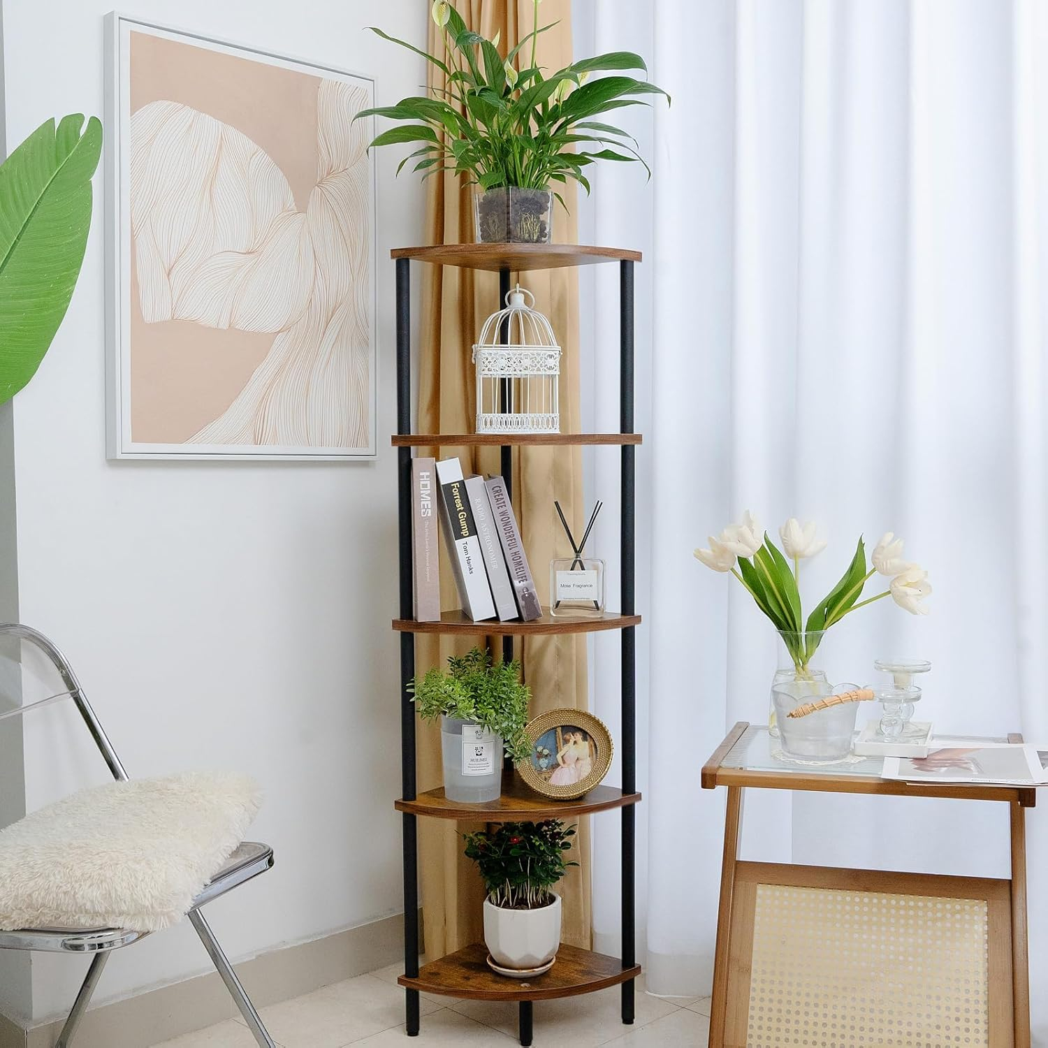 3 Tier Corner Shelf Stand, 28 Inch Rustic Industrial Corner Bookshelf, Storage Standing Shelf Unit, Plant Stand, Short Corner Table for Small Spaces in Living Room,Bedroom,Home Office