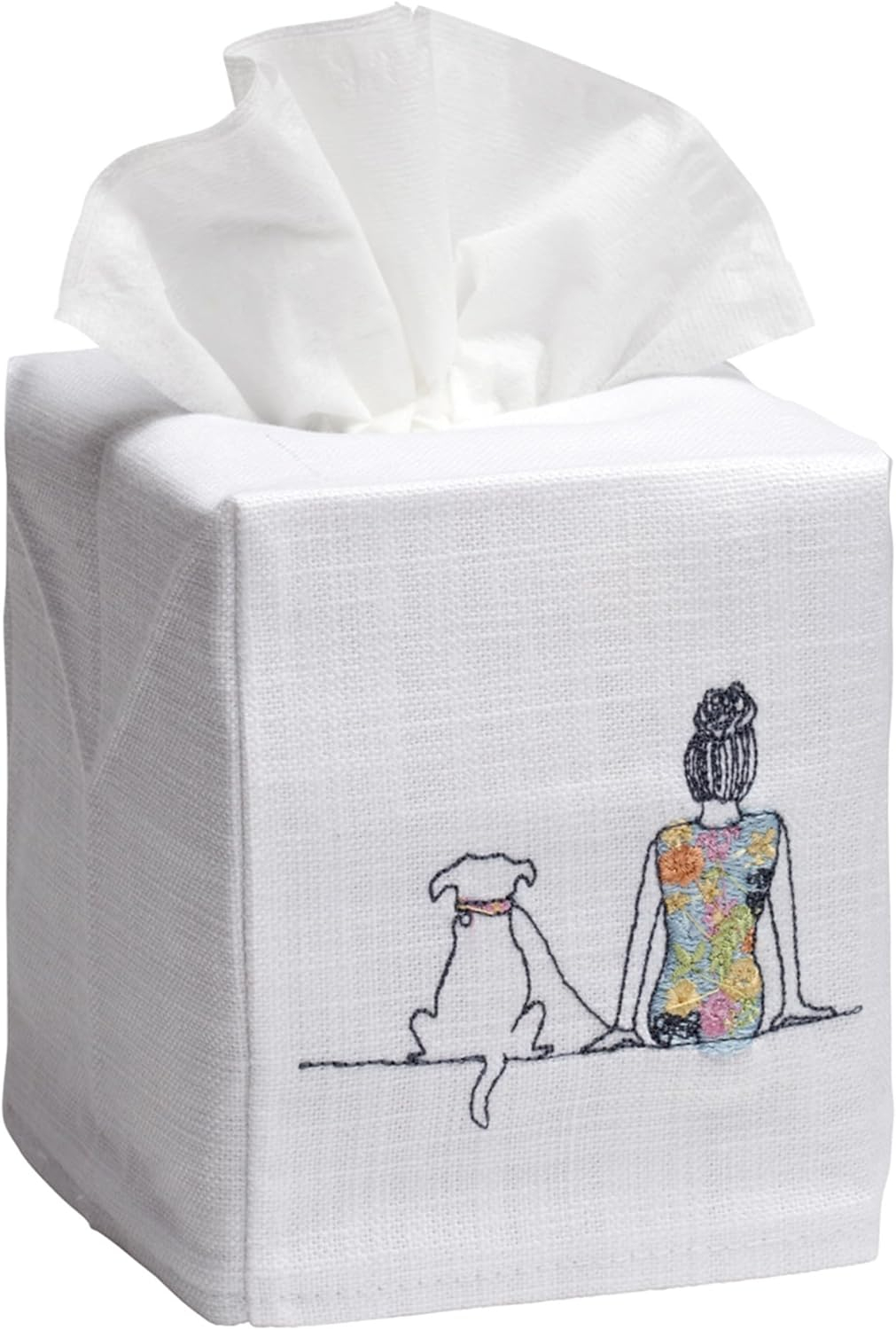 Jacaranda Living Square Tissue Box Cover, Linen/Cotton Fabric Tissue Holder, Decorative Cloth Tissue Cube Cover, Animal Designs Girl and Dog