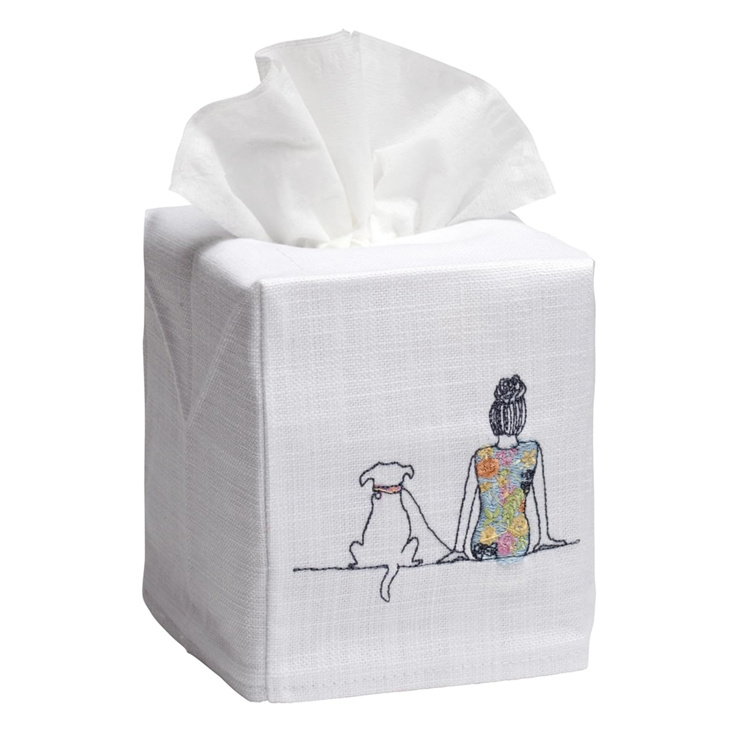 Jacaranda Living Square Tissue Box Cover, Linen/Cotton Fabric Tissue Holder, Decorative Cloth Tissue Cube Cover, Animal Designs Girl and Dog