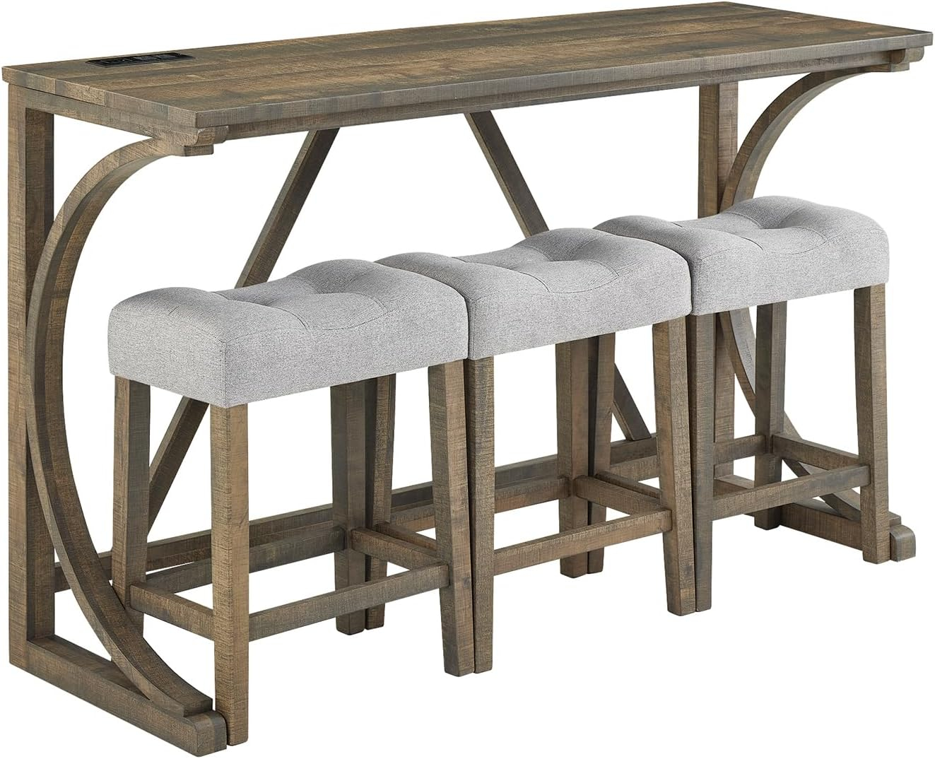 59'' Industrial 4 Piece Bar Table Set with Power Outlet Breakfast Table Set with Brown Bar Table and 3 Gray Chairs for Living Room Dining Room Game Room