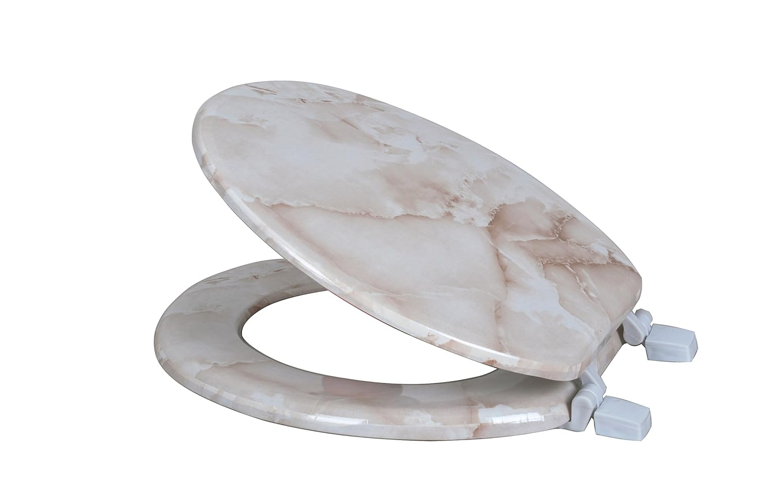 Beige Marbleized Wood Round Toilet Seat with Non-Slip Hardware