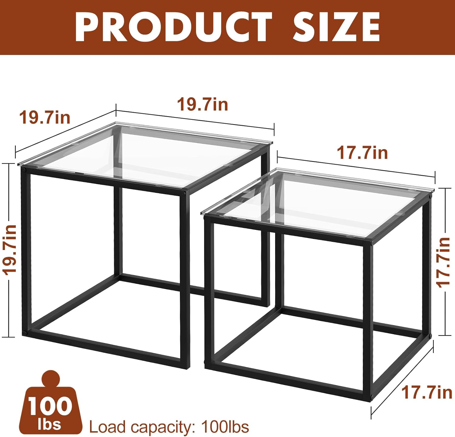 Coffee Table Set of 2, Modern Black Wooden Side Table, Metal Frame Square End Table, Center Tables,Nesting Coffee Table for Living Room,Bedroom and Small Spaces