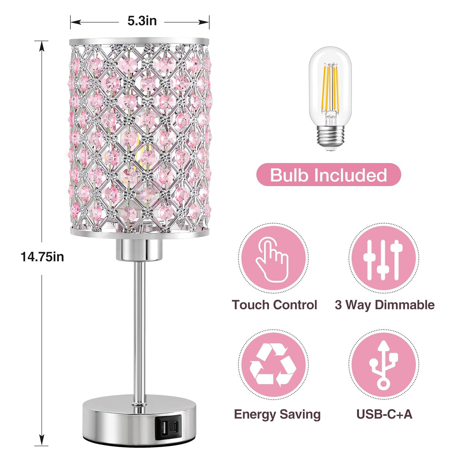 Crystal Table Lamp, Pink Touch Lamp with USB C+A Ports, 3 Way Dimmable with Crystal Shade, Small Bedside Lamps for Girl Bedroom, Living Room(Buld Included)