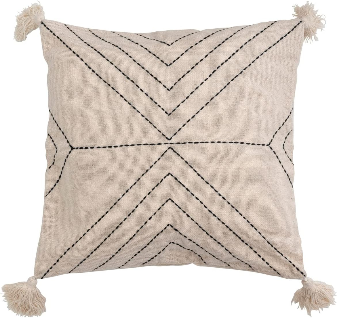 Bloomingville Cotton Blend Embroidered Tassels Pillow, 18" L x 18" W x 2" H, Multicolor