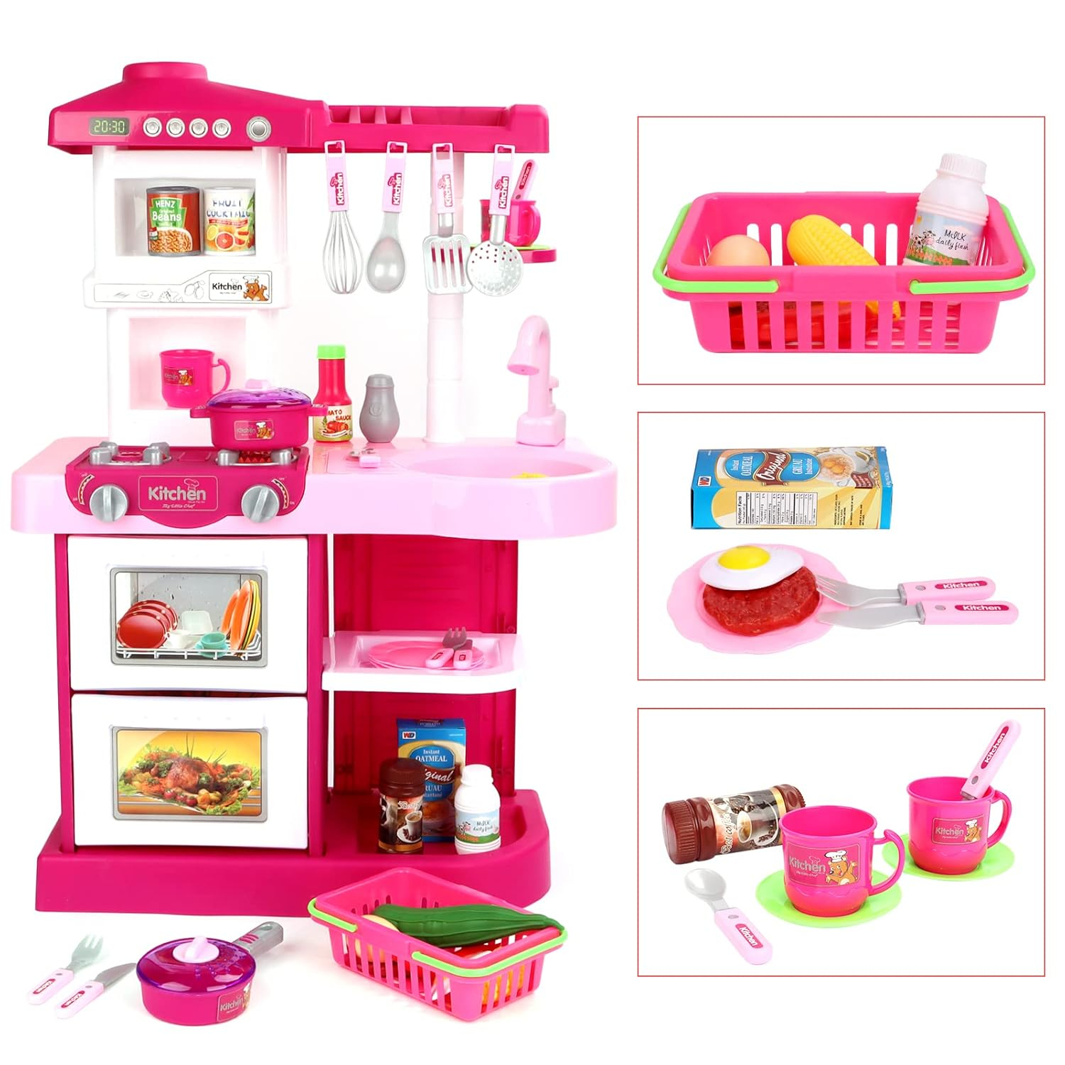 Wellsay Kitchen Playset Toy Pretend Food with Sounds and Lights Role Playing Game Pretend Food Playset for Toddlers,Pink