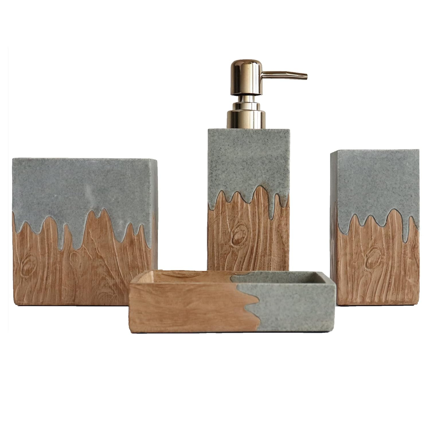 Hymmah Bathroom Accessories Set,Wooden Design Toothbrush Holder,Farmhouse Bathroom Decor,4 Pcs Resin Gift Set Apartment Necessities, Contain Toothbrush Cup,Soap Dispenser,Soap Dish,Tumbler