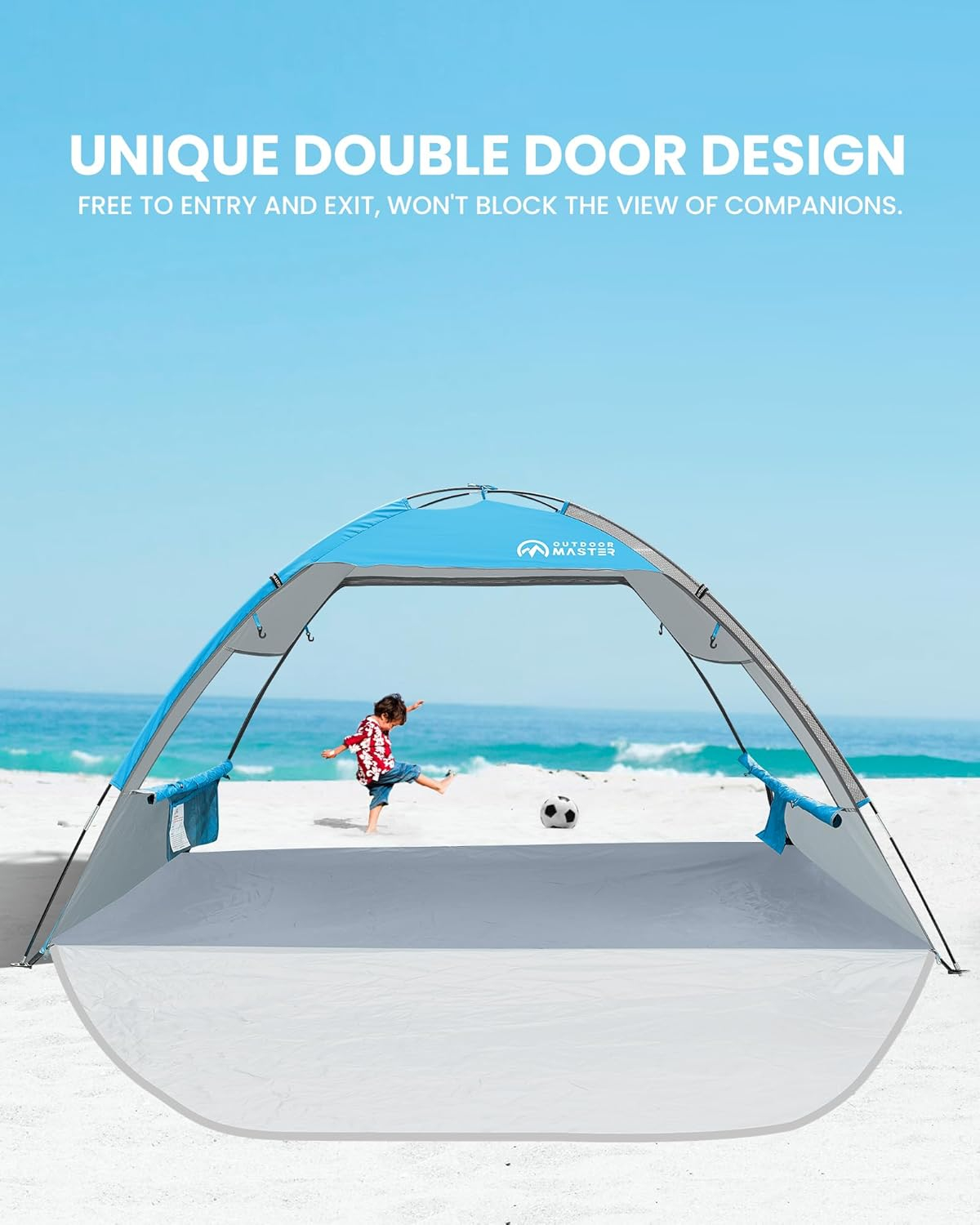 OutdoorMaster Beach Tent Sun Shelter with 2 Ventilated Doors, UPF50+ Easy Setup Beach Tent Canopy for 3 Person, Lightweight & Portable Family Beach Umbrellas for Sand with Carrying Bag - Blue