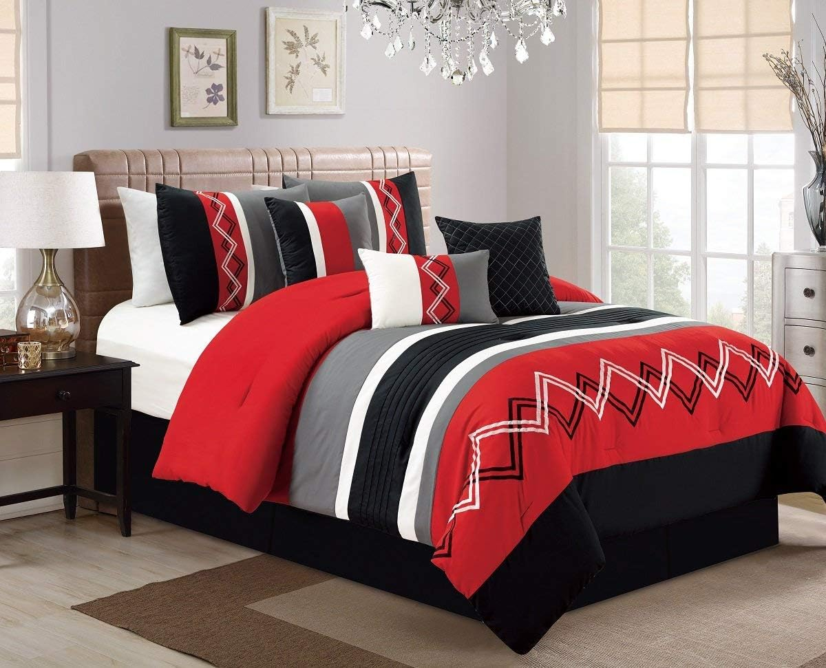 Chezmoi Collection Arden 7-Piece Modern Pleated Stripe Embroidered Zigzag Bedding Comforter Set (Queen, Red/Black/Gray/Off-White)