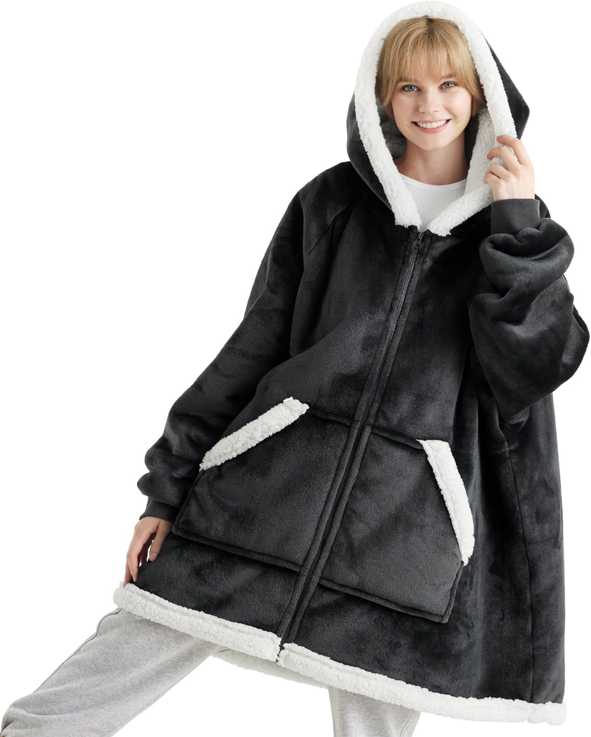 Bedsure Blanket Hoodie, Wearable Blanket for Adults & Kids as Gifts for Women Men, Birthday Gifts for Women Mom Girl Sherpa Oversized Hoodie, Black, Standard