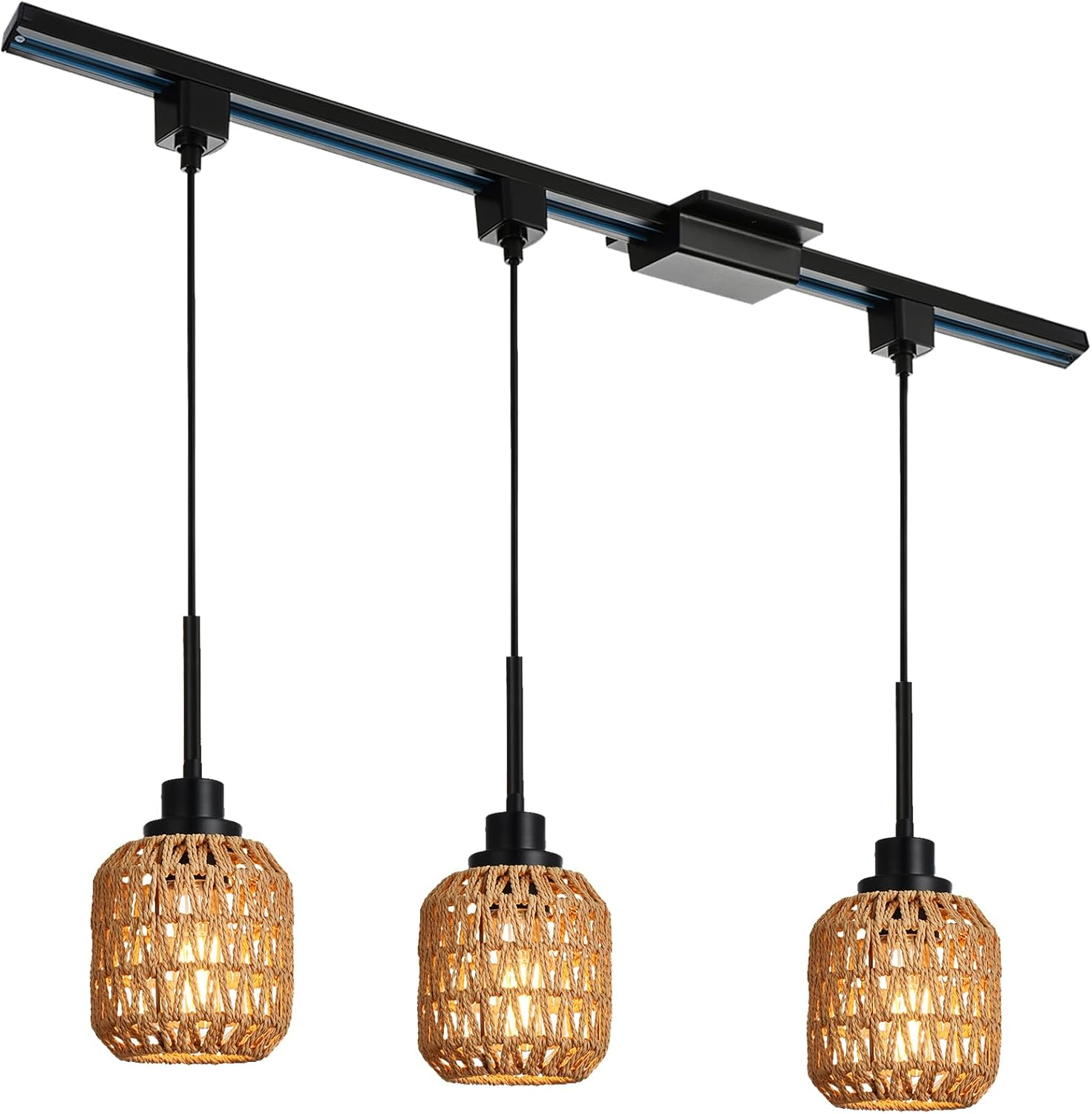 3-Pack H Type Track Lighting Pendants, Ceiling Track Hanging Light Fixture with Hand-Woven Rattan Shade, H-Type Tracking Boho Pendant Lighting Fixtures for Kitchen Island Dining Room, E26 Base
