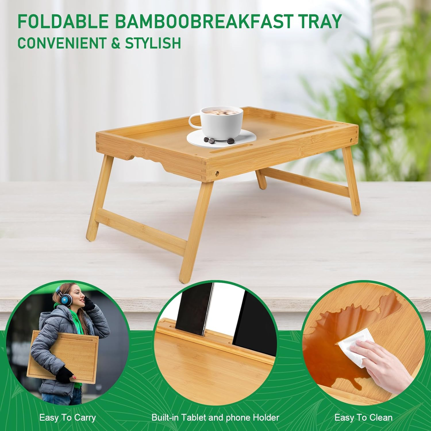 Artmeer Bed Tray Table with Folding Legs, Bamboo Breakfast Food Tray with Media Slot, Use As Platter, Laptop Desk, Snack, TV Tray Kitchen Serving Tray (Bamboo Large)