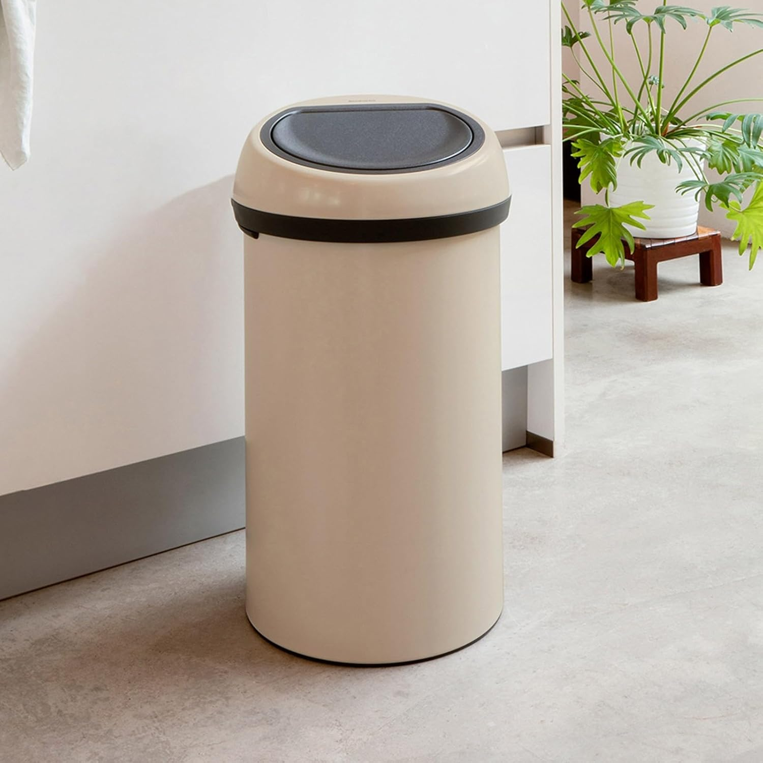 Soft Beige 16 Gallon Polypropylene Round Touch Bar Trash Can