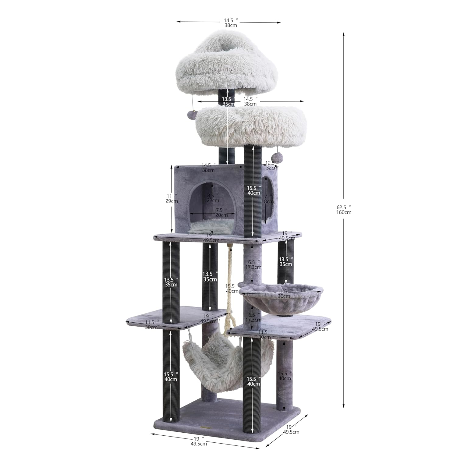Catry Bradbury 7-Level 62.5” Modern Cat Tree with Replaceable Scratching Posts,Big Condo,Two Washable Beds, Two Hammocks,Quick Assembly, for Multi-Cat Homes(Cloud Gray)