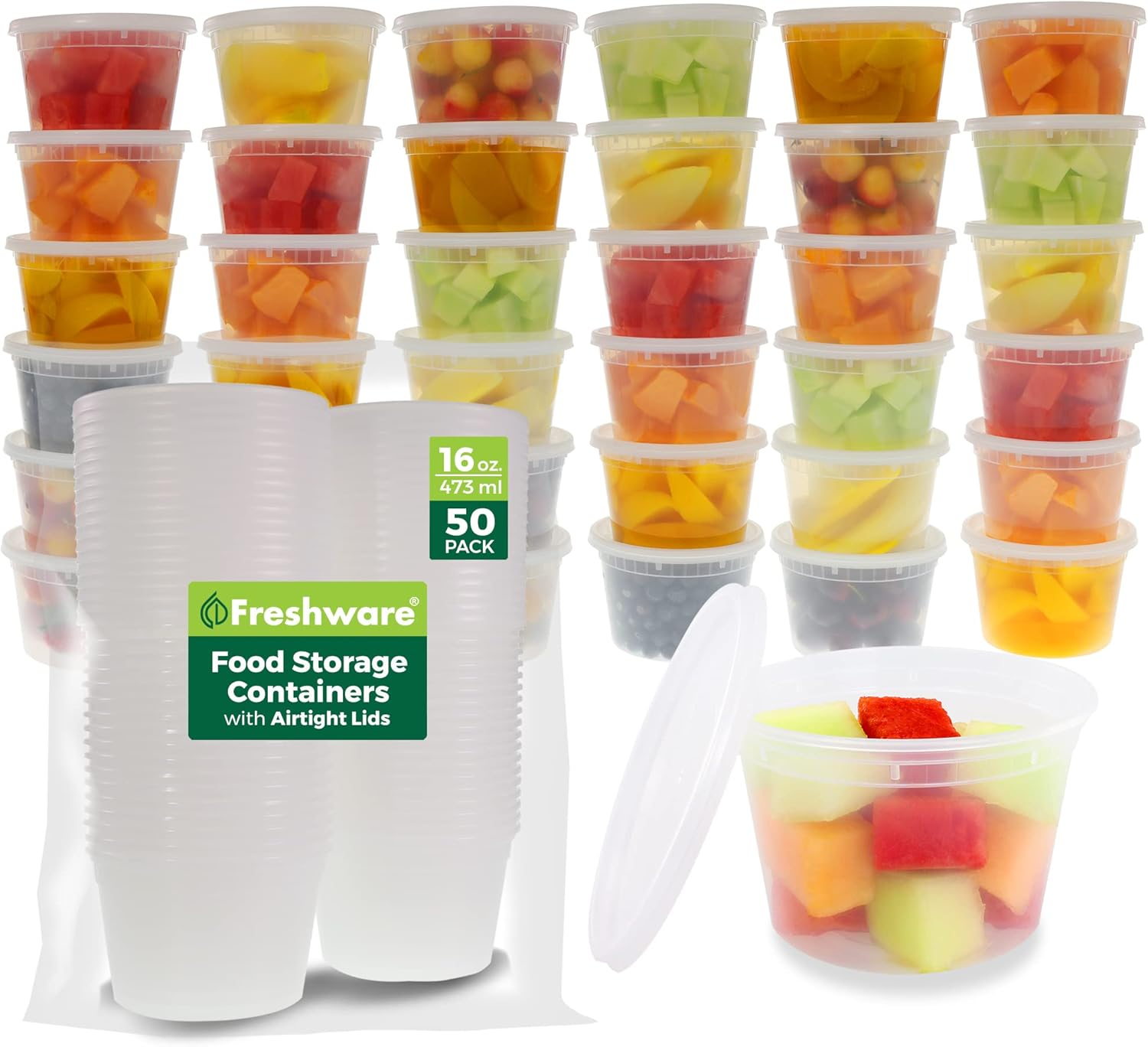 Freshware Food Storage Containers [50 Set] 16 oz Plastic Deli Containers with Lids, Slime, Soup, Meal Prep Containers | BPA Free | Stackable | Leakproof | Microwave/Dishwasher/Freezer Safe C30