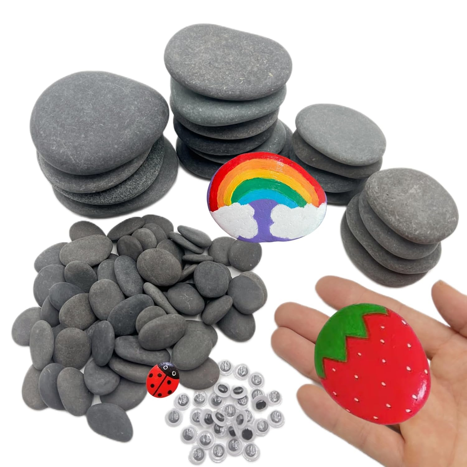 CYLHCM 120 PCS Rocks for Painting, Medium/Small/Tiny Rocks for Painting, Flat DIY Painting Rocks with 30PCS Wiggle Googly Eyes, Smooth Kindness Rocks for Crafts, Arts,Decoration,Hand Picked Stones