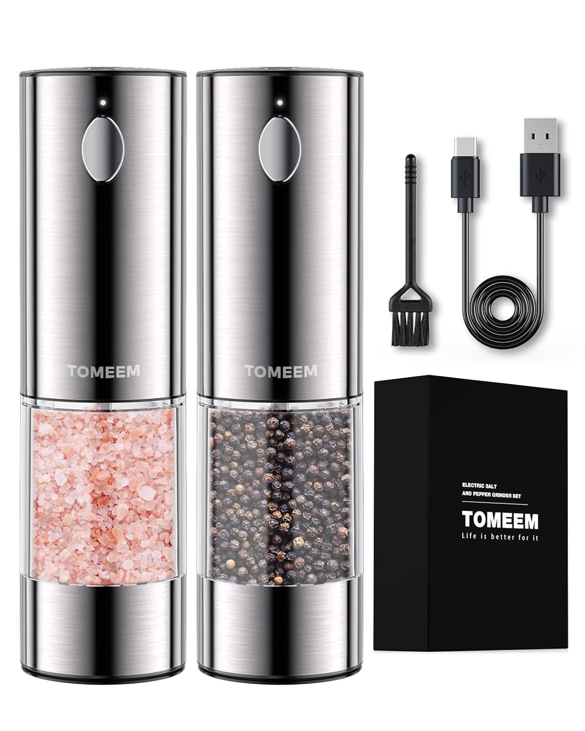 TOMEEM Electric Salt and Pepper Grinder Set Stainless Steel Automatic One Hand Operation Adjustable Coarseness Mill Grinders Shakers & LED Light Refillable