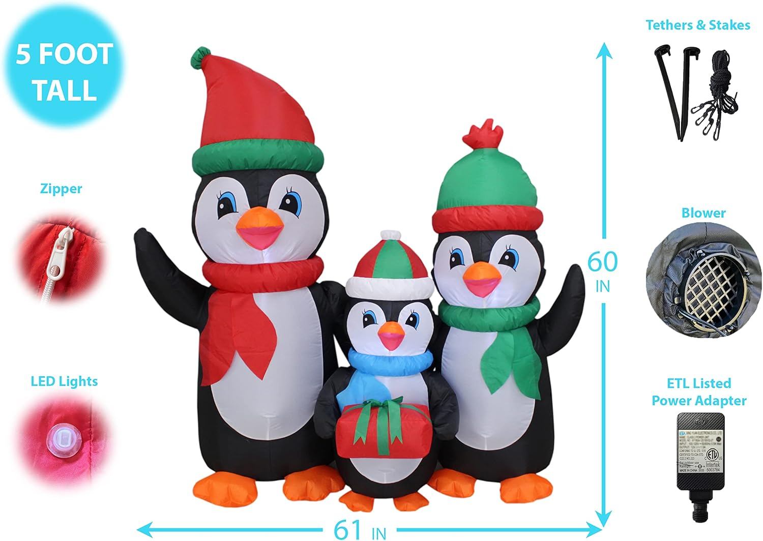 5 Foot Tall Lighted Christmas Inflatable Penguins Family with Gift Box LED Lights Outdoor Indoor Holiday Blowup Lawn Inflatables Home Family Party Decor Yard Decoration