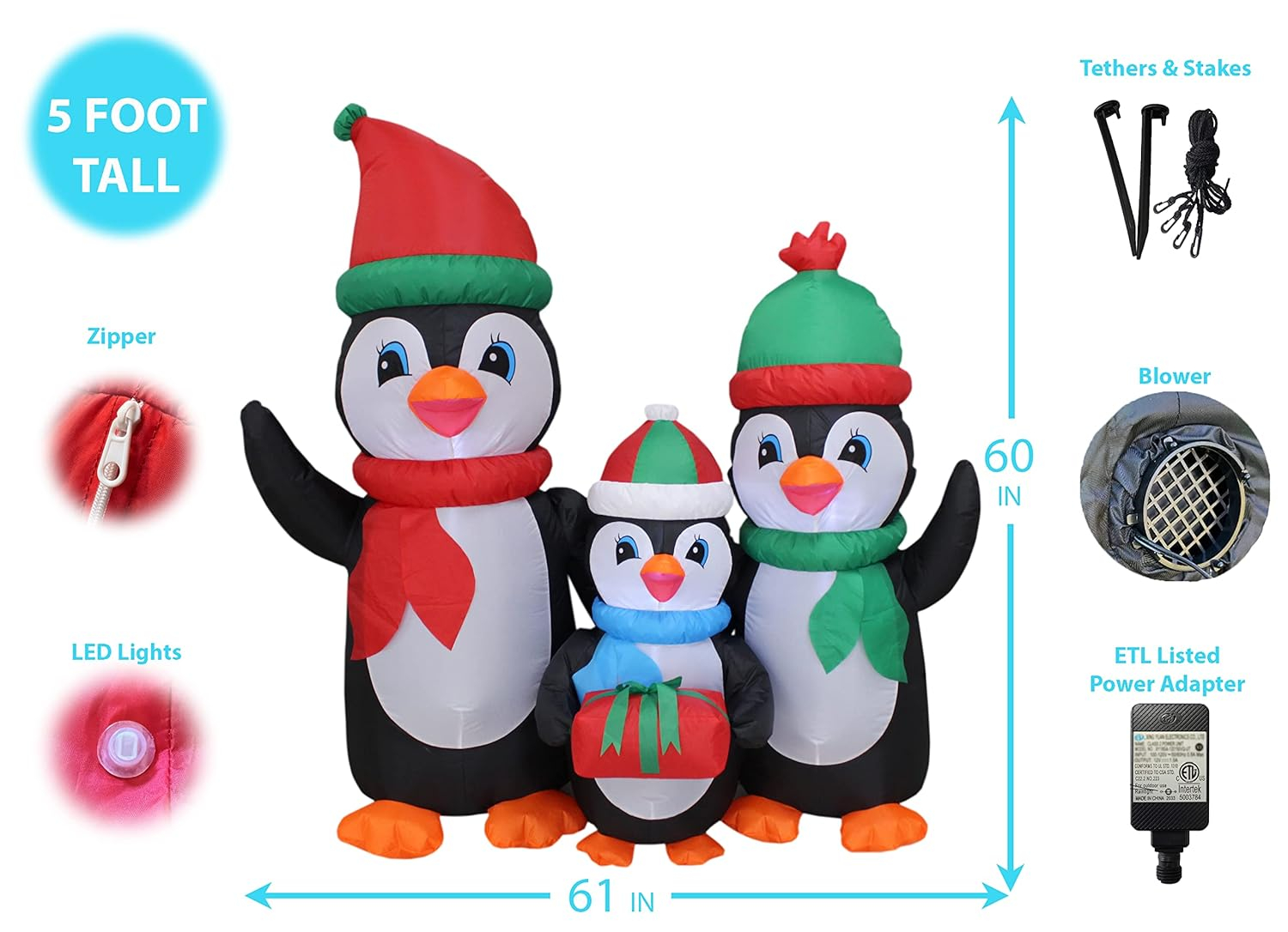 5 Foot Tall Lighted Christmas Inflatable Penguins Family with Gift Box LED Lights Outdoor Indoor Holiday Blowup Lawn Inflatables Home Family Party Decor Yard Decoration