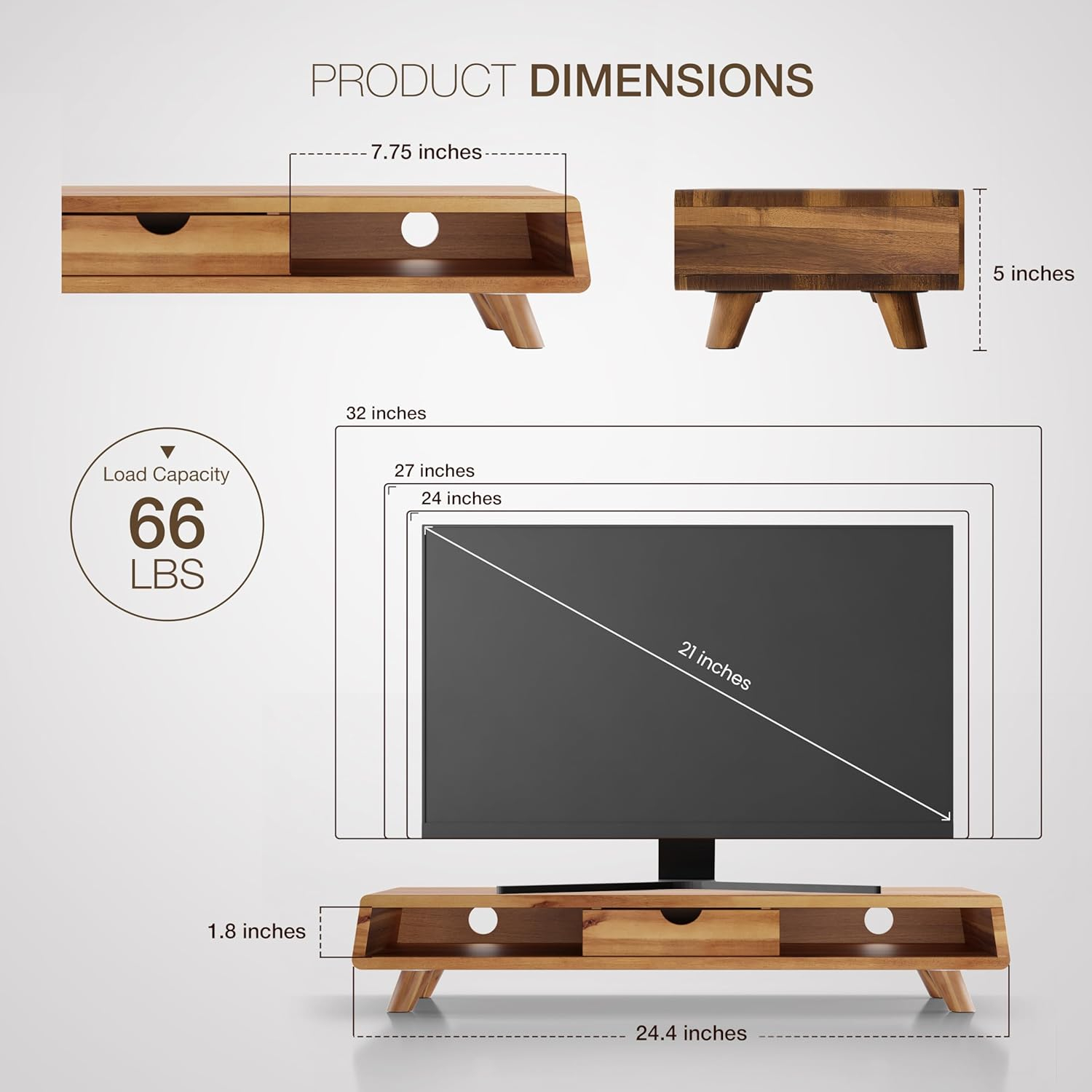 Acacia Wood Monitor Stand with Drawer and Shelf Organizers