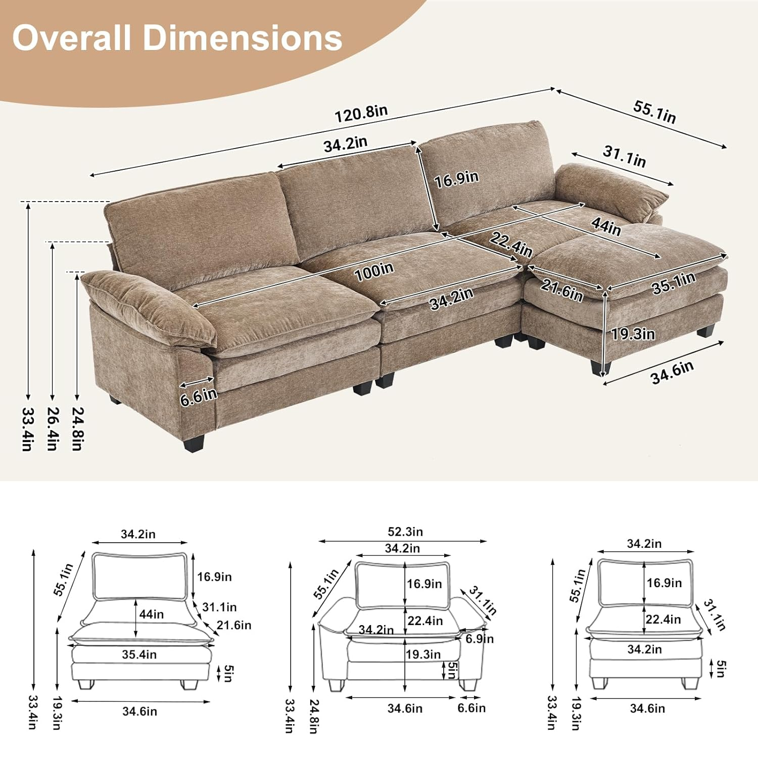 Karl home Sectional Sofa Modular Deep Seat Sofa Couch with Ottoman, Chenille Sofa Sleeper Comfy Upholstered Furniture for Living Room, Apartment, Studio, Office, (3-Seat & 1-Ottoman, Light Brown)