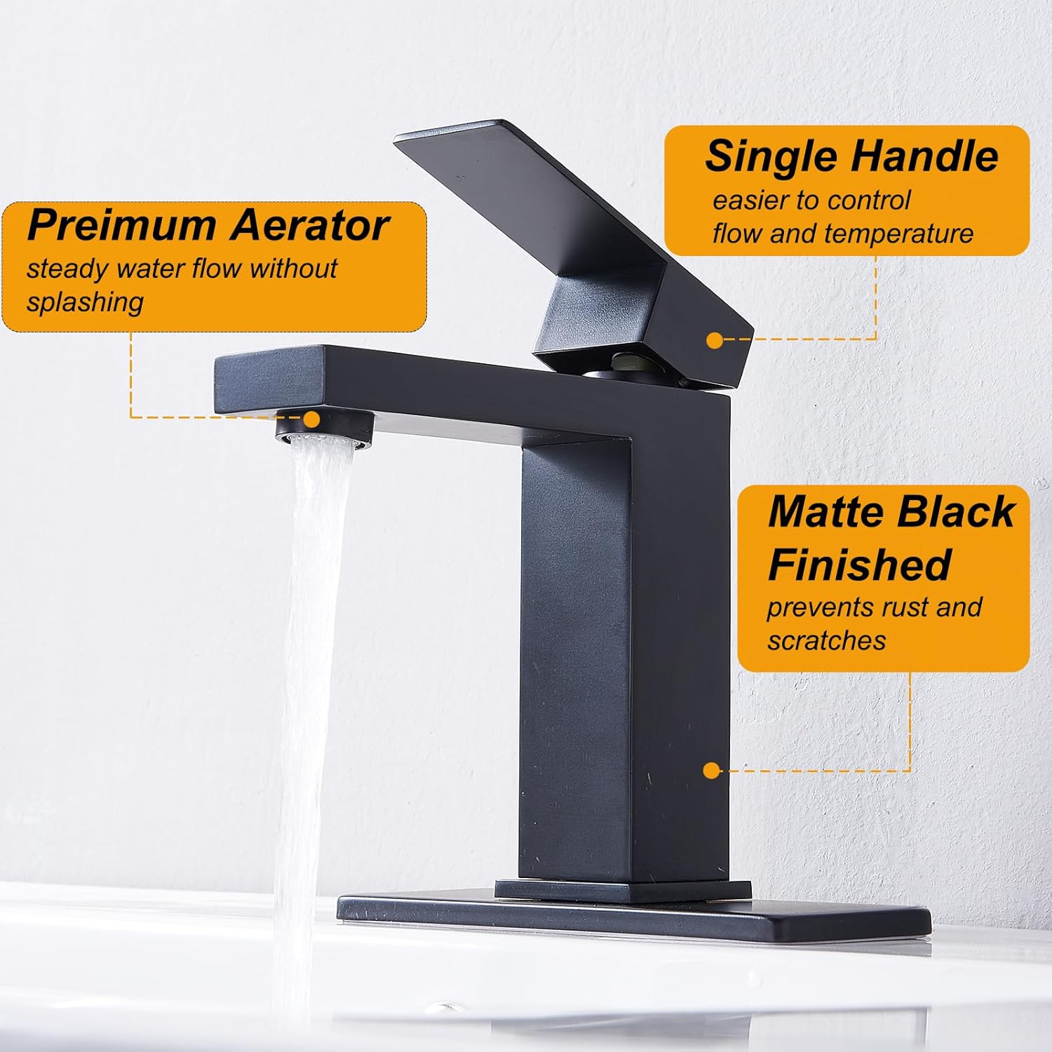 Matte Black Single Hole Bathroom Faucet,Vanity Faucet Modern Commercial RV with Deck Plate for 1 or 3 Hole, Single Handle Stainless Steel Bathroom Sink Faucet with Pop-up Drain