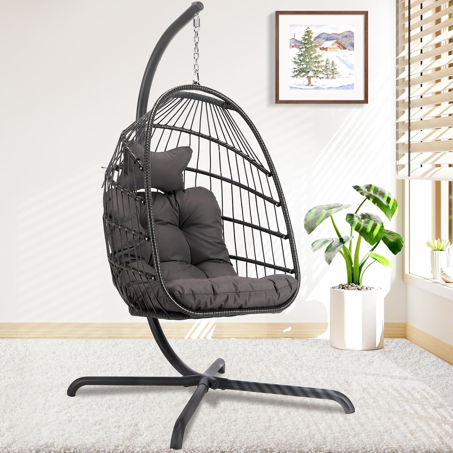 RADIATA Outdoor Hanging Egg Chair with Stand, 350Lbs Sturdy Wicker Egg Swing Chair for Outside, Comfortable Rattan Patio Haning Chair with Thick Cushion for Indoor Belcony Porch Bedroom, Dark Gay