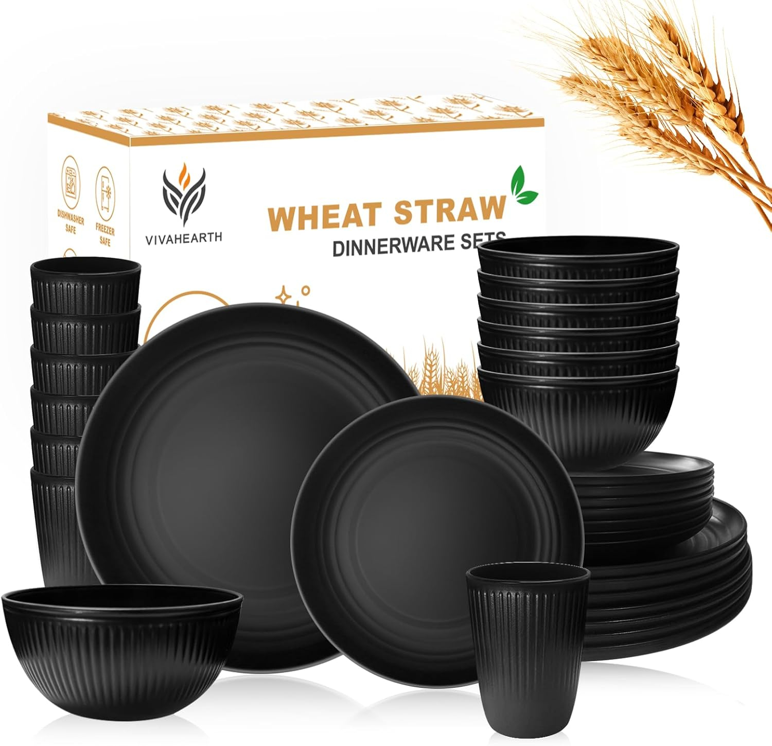 32 Pcs Wheat Straw Dinnerware Sets,Plastic Plates and Bowls Sets for 8,Unbreakable Dinnerware Set,Reusable Lightweight Black Dish Set for Kitchen,Camping,Party,RV,Dishwasher Microwave Safe