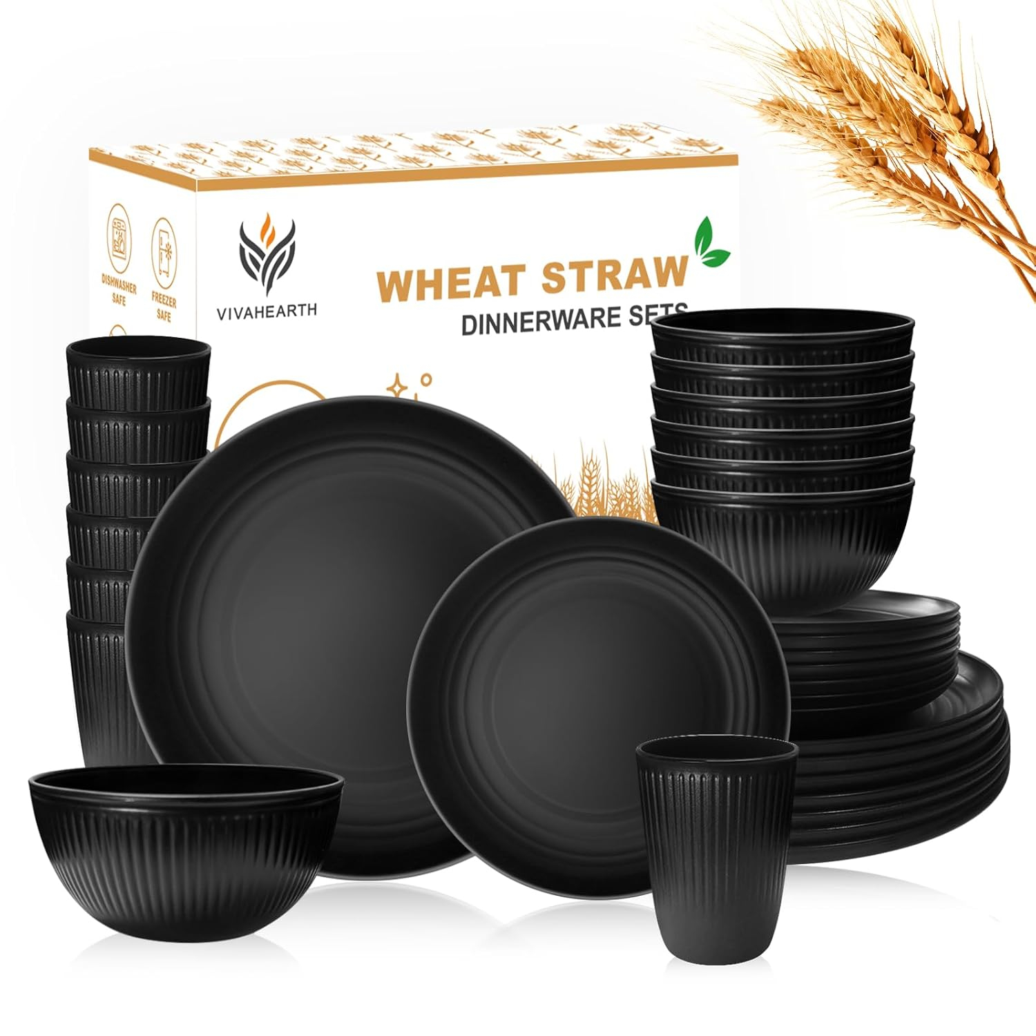32 Pcs Wheat Straw Dinnerware Sets,Plastic Plates and Bowls Sets for 8,Unbreakable Dinnerware Set,Reusable Lightweight Black Dish Set for Kitchen,Camping,Party,RV,Dishwasher Microwave Safe