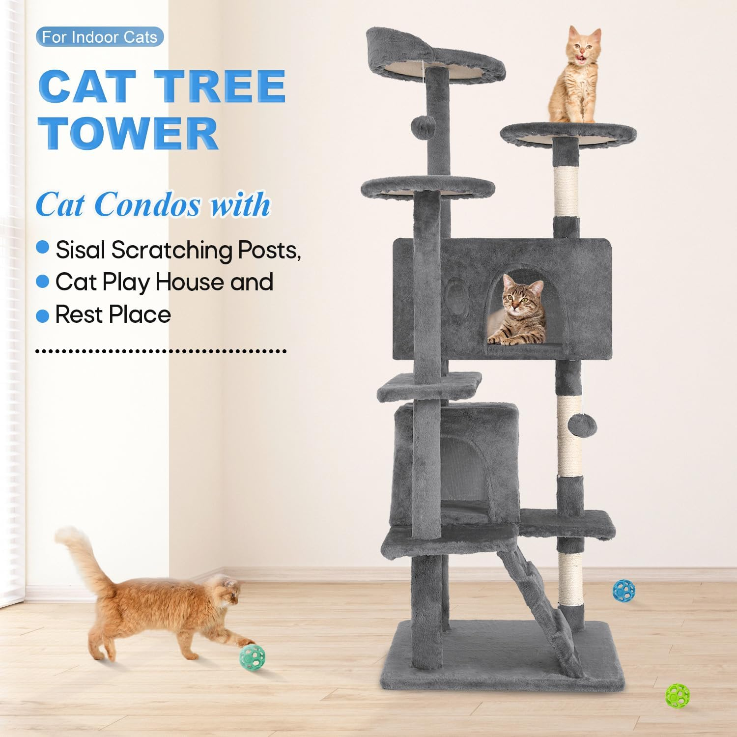 CL.HPAHKL 54in Cat Tree Tower, Multi-Level Cat Tower Furniture Activity Center with Platform Scratching Posts Stand House Condo and Toy, Cat Condos for Indoor Cats Kitten Activity Relaxing, Light Gray