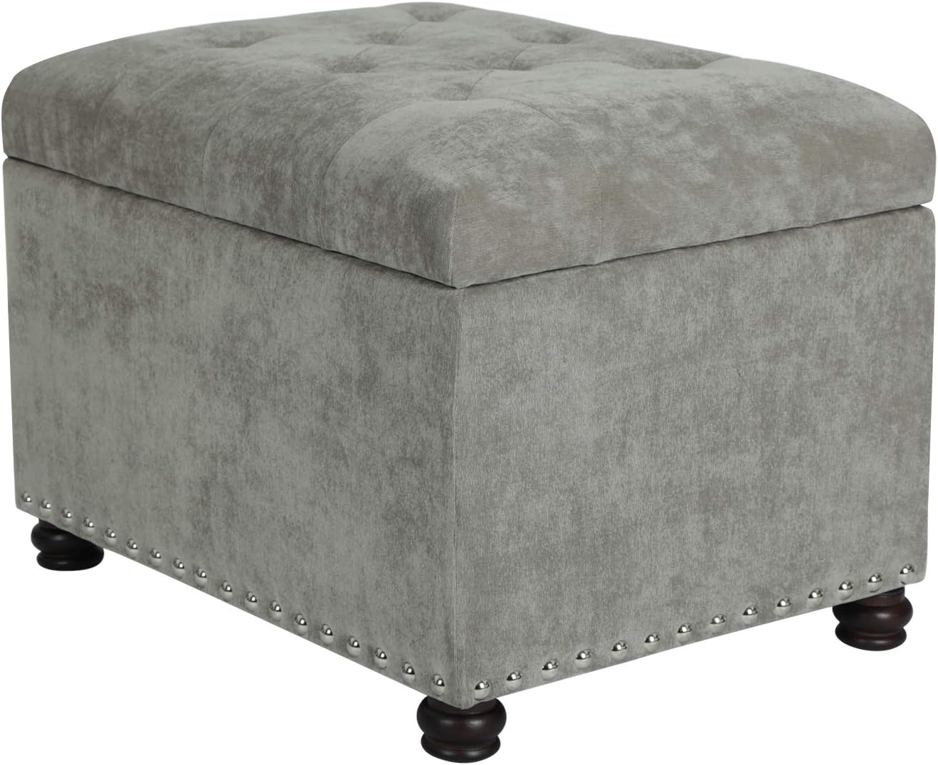 Light Grey Tufted Fabric Storage Ottoman Bench with Nailhead Trim