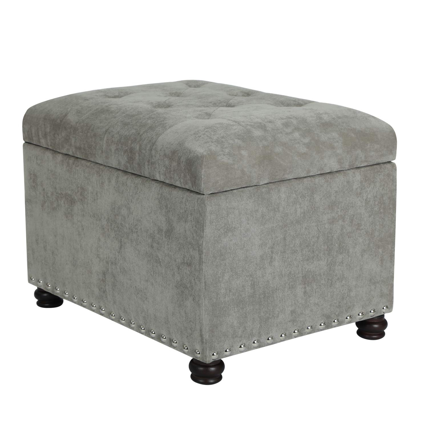 Light Grey Tufted Fabric Storage Ottoman Bench with Nailhead Trim