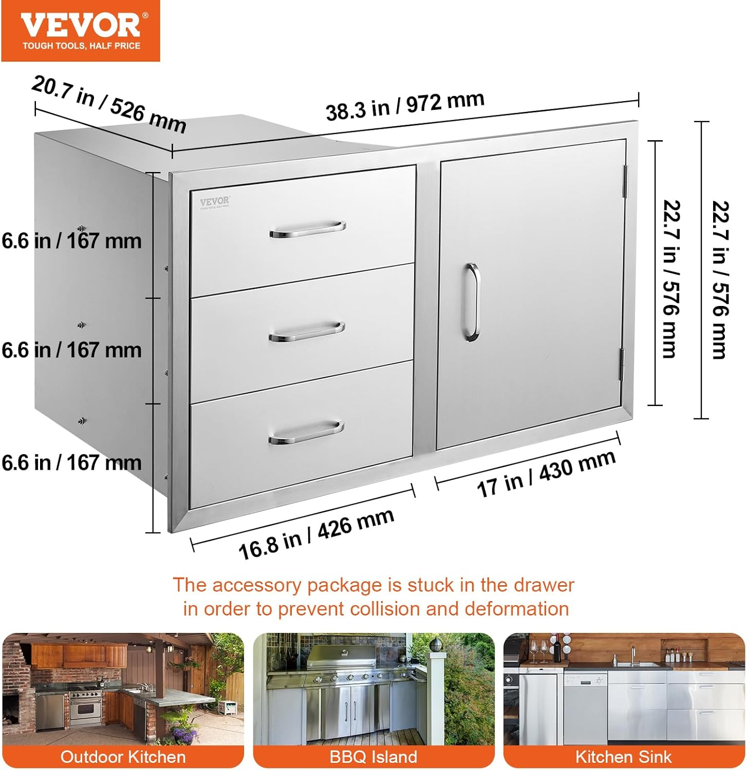 Outdoor Kitchen Drawers Stainless Steel BBQ Access Drawers with Handle 38.1 in. W x 22.6 in. H x 20.8 in. D
