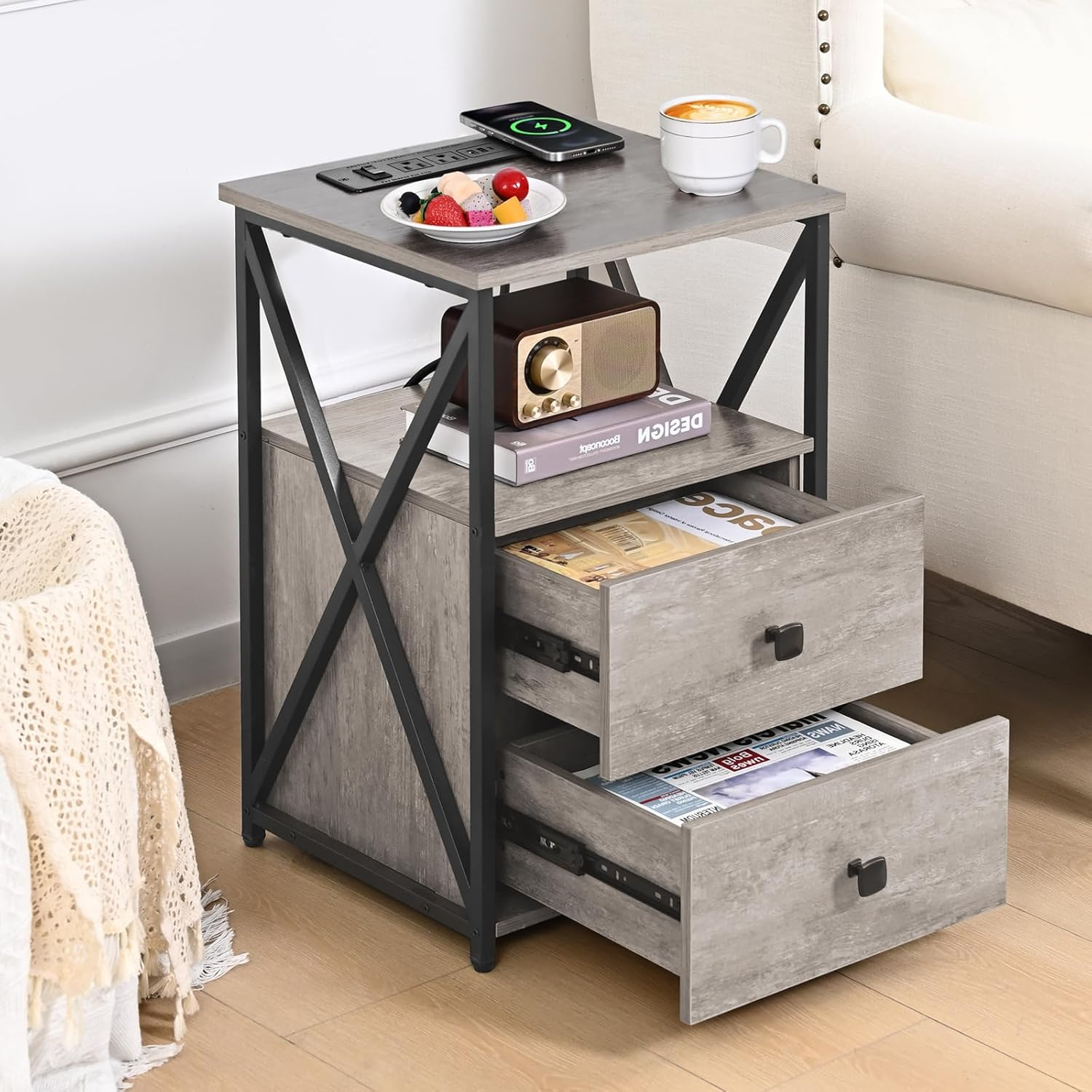 End Table Set of 2 with LED Light, Night Stand with Wireless Charger, Side Table with Storage, Grey End Tables with USB and Outlets, Bedside Table with Wood Drawers for Bedroom, Living Room