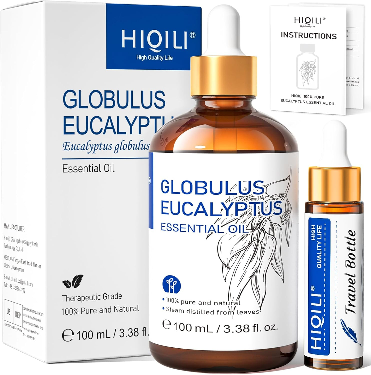 HIQILI Eucalyptus Essential Oil, Pure Undiluted Oil for Diffuser, Skin, Candles Soap Making-100mL