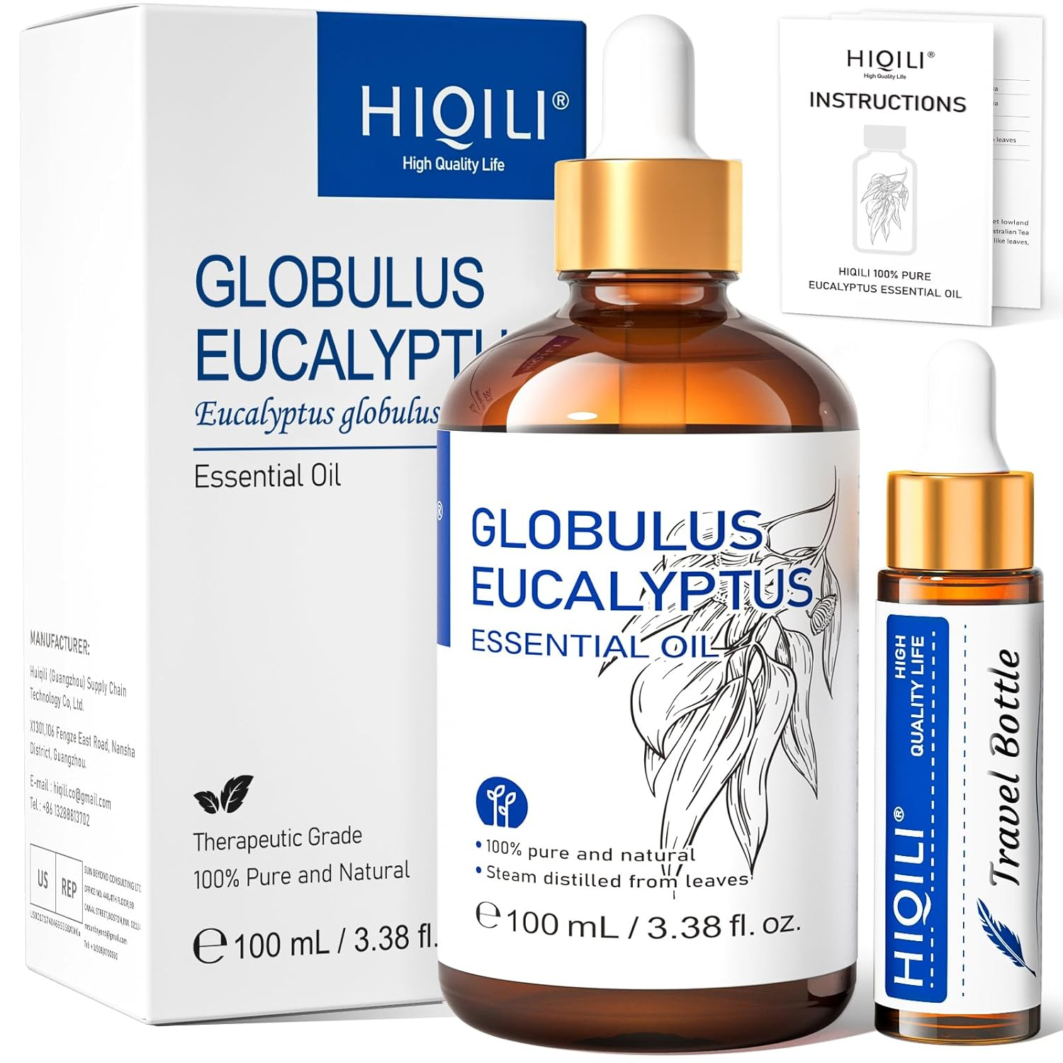 HIQILI Eucalyptus Essential Oil, Pure Undiluted Oil for Diffuser, Skin, Candles Soap Making-100mL