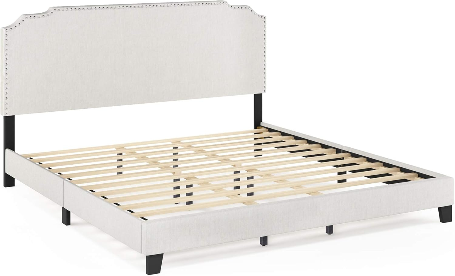 Furinno Nadia Nailhead, King, Linen,Trim Bed Frame "with" Storage and Mattress, Gray