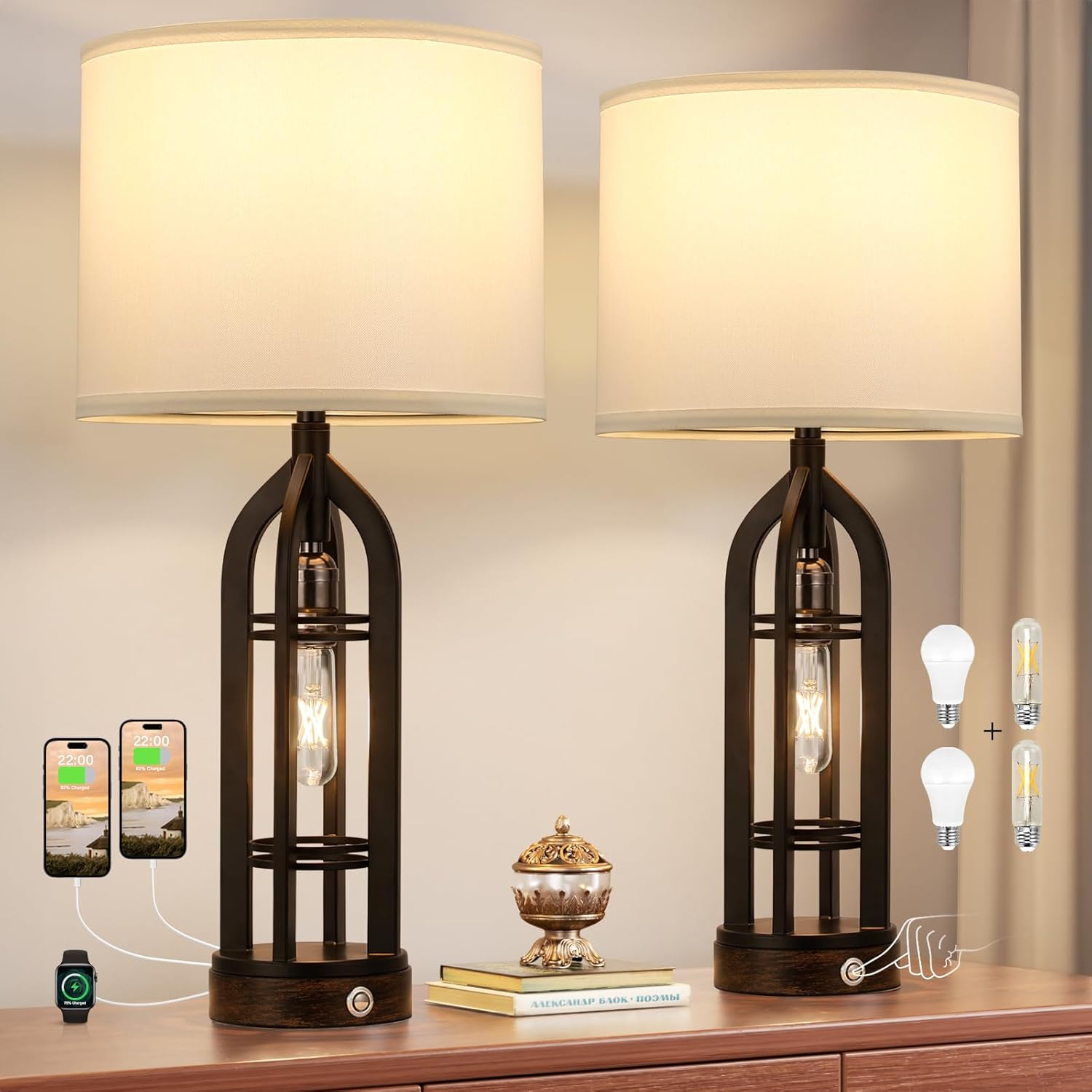 Table Lamp for Living Room - White Farmhouse Lamps for Night Stands with USB C+A, 3 Way End Table Lamps Set of 2, Vintage Bedside Lamp for End Tables, Rustic Nightstand Lamps for Bedroom