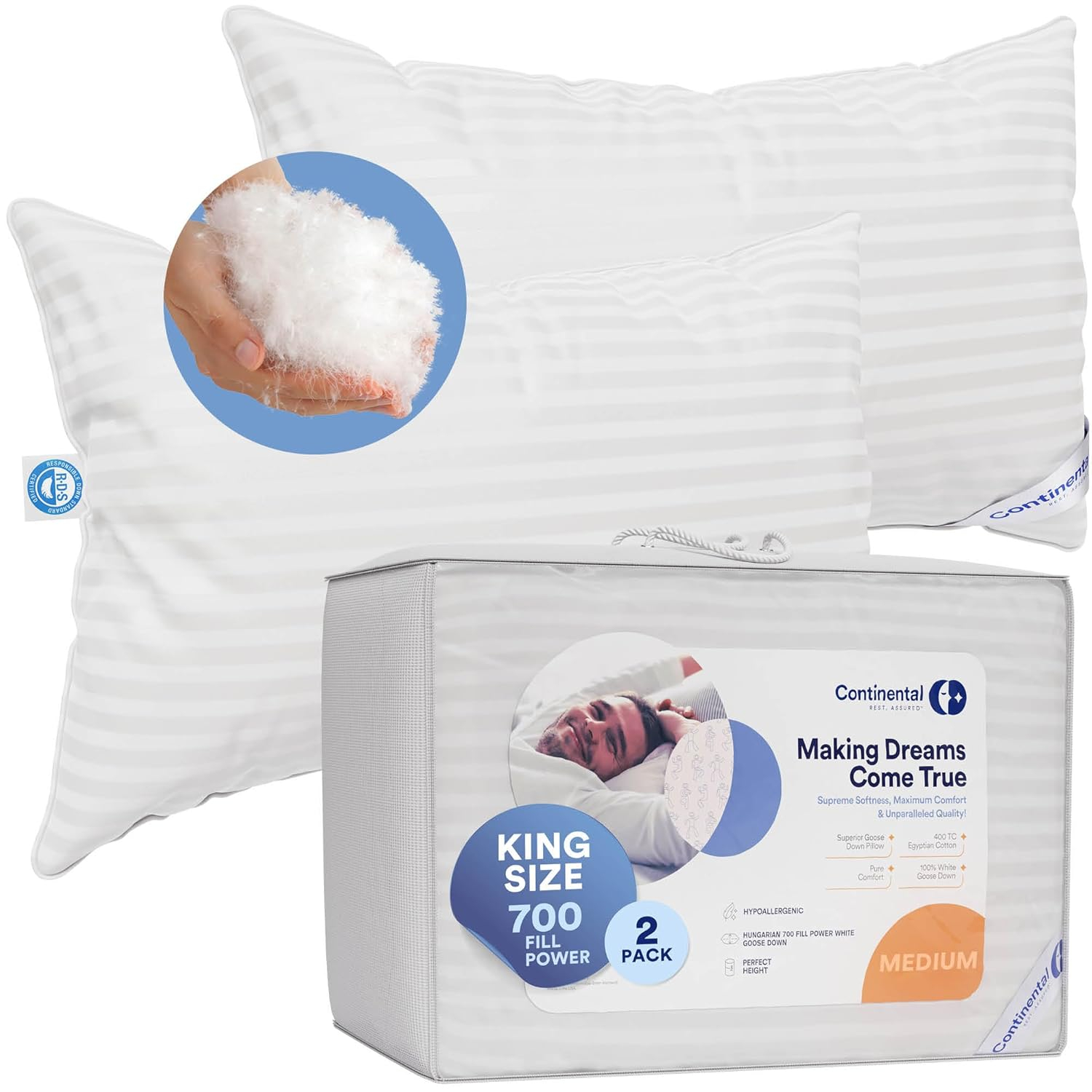 Continental Bedding Hungarian Goose Down Pillows Set King Size 100% Down Pillow, 2 Pack