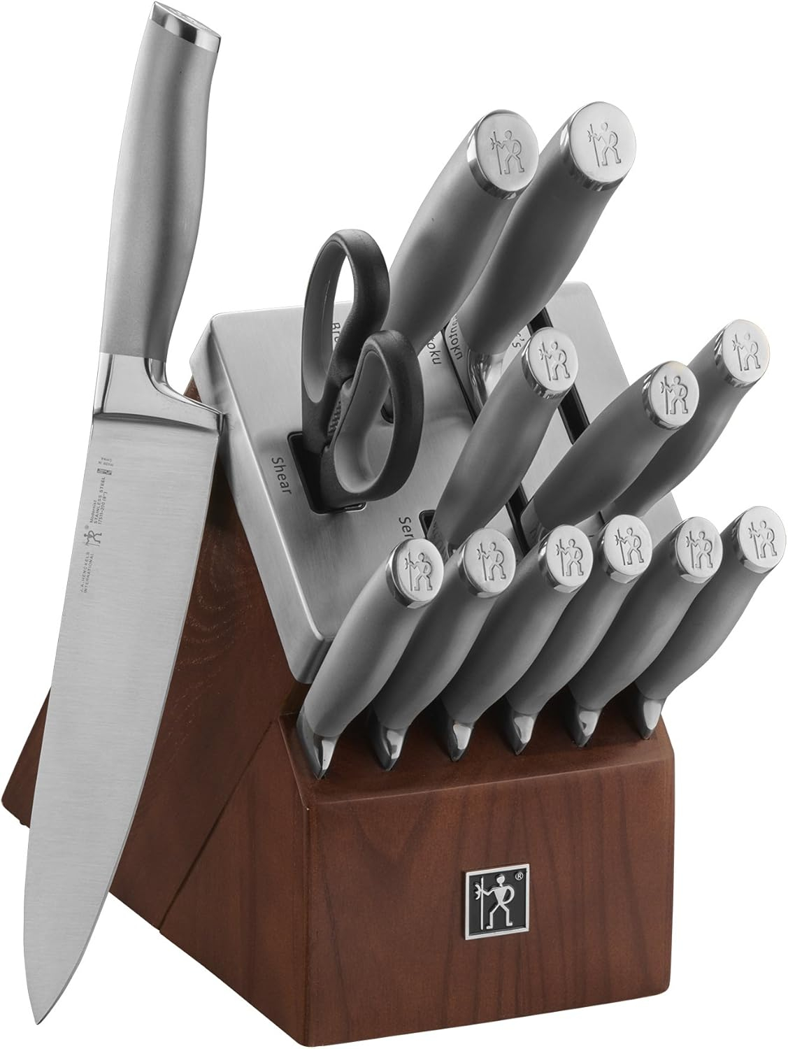 Henckels Modernist 14-pc Self-Sharpening Knife Set with Block, Chef Knife, Paring Knife, Bread Knife, Steak Knife, Dark Brown, Stainless Steel, Walnut