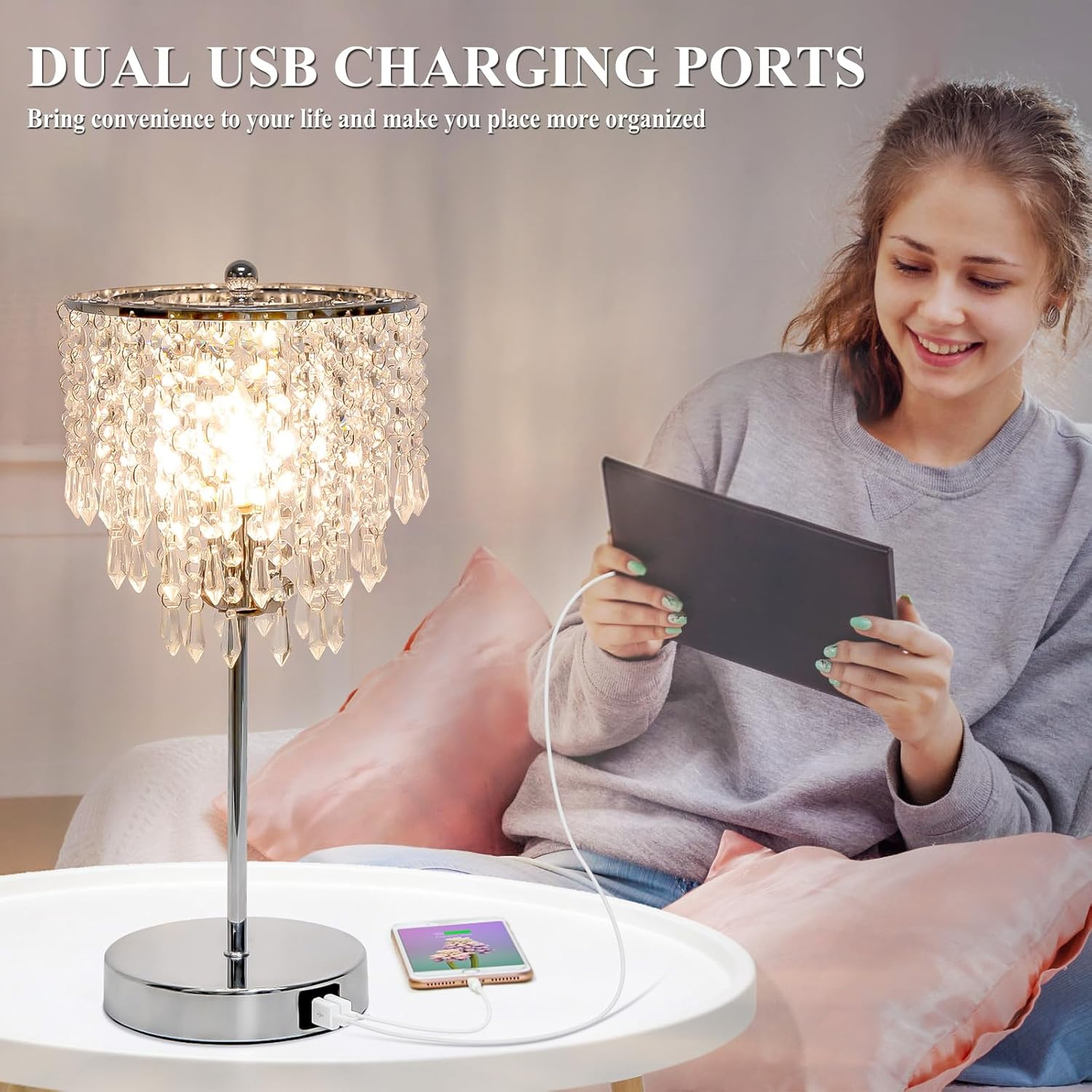 White Crystal 3-Way Touch Control Table Lamp with USB Ports