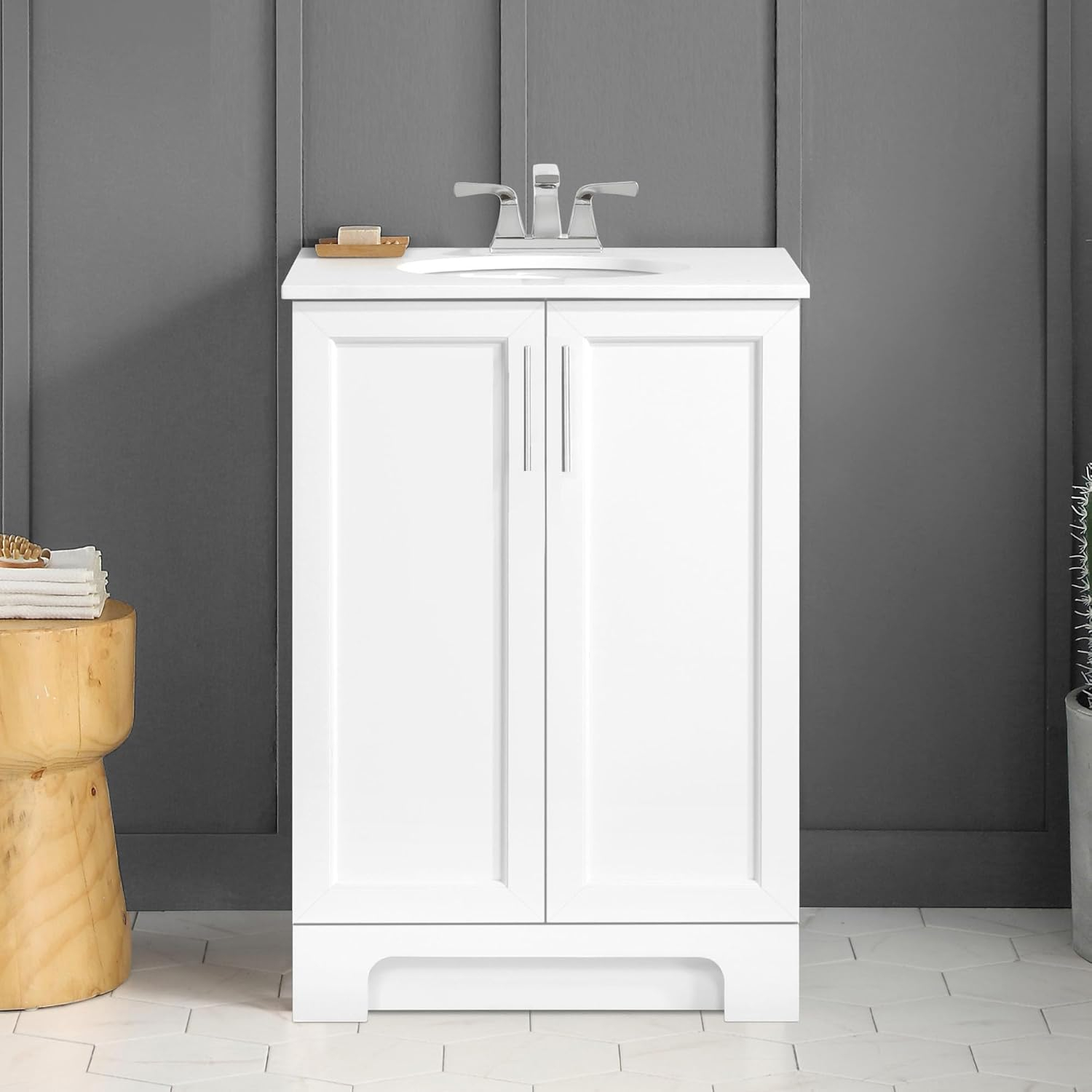 REN Selections Travis 24 in. White Single Bathroom Vanity with Undermount Oval Sink, and White Engineered Stone Countertop Included