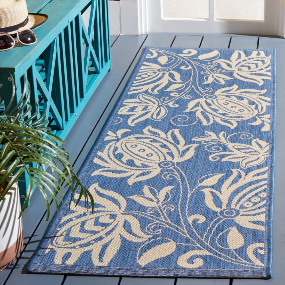 Safavieh Courtyard Crystal Floral Indoor/Outdoor Indoor/Outdoor Runner Rug, 2'3" x 12', Blue/Natural