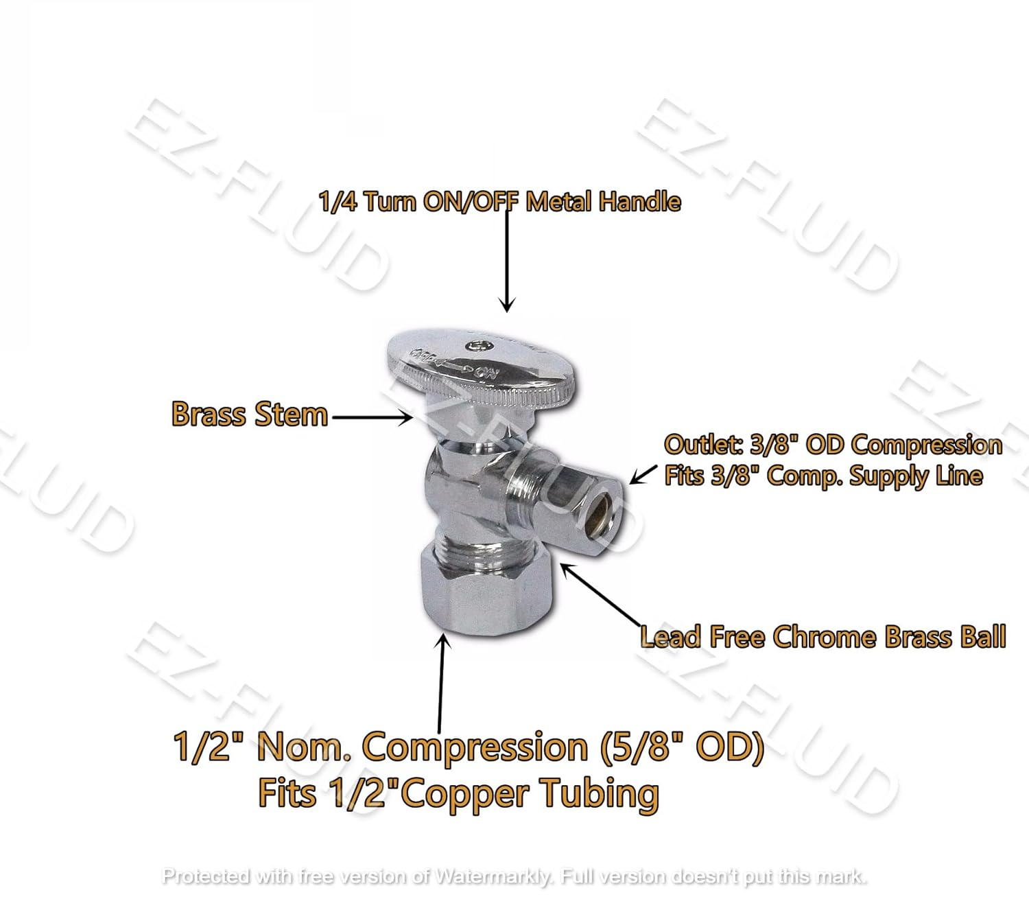 (10Pcs) EZ-Fluid 5/8" OD Comp x 3/8" OD Comp Angle Stop Valve Water Shut Off Ball Valve 1/4 Quarter Turn Heavy Duty Chrome Brass