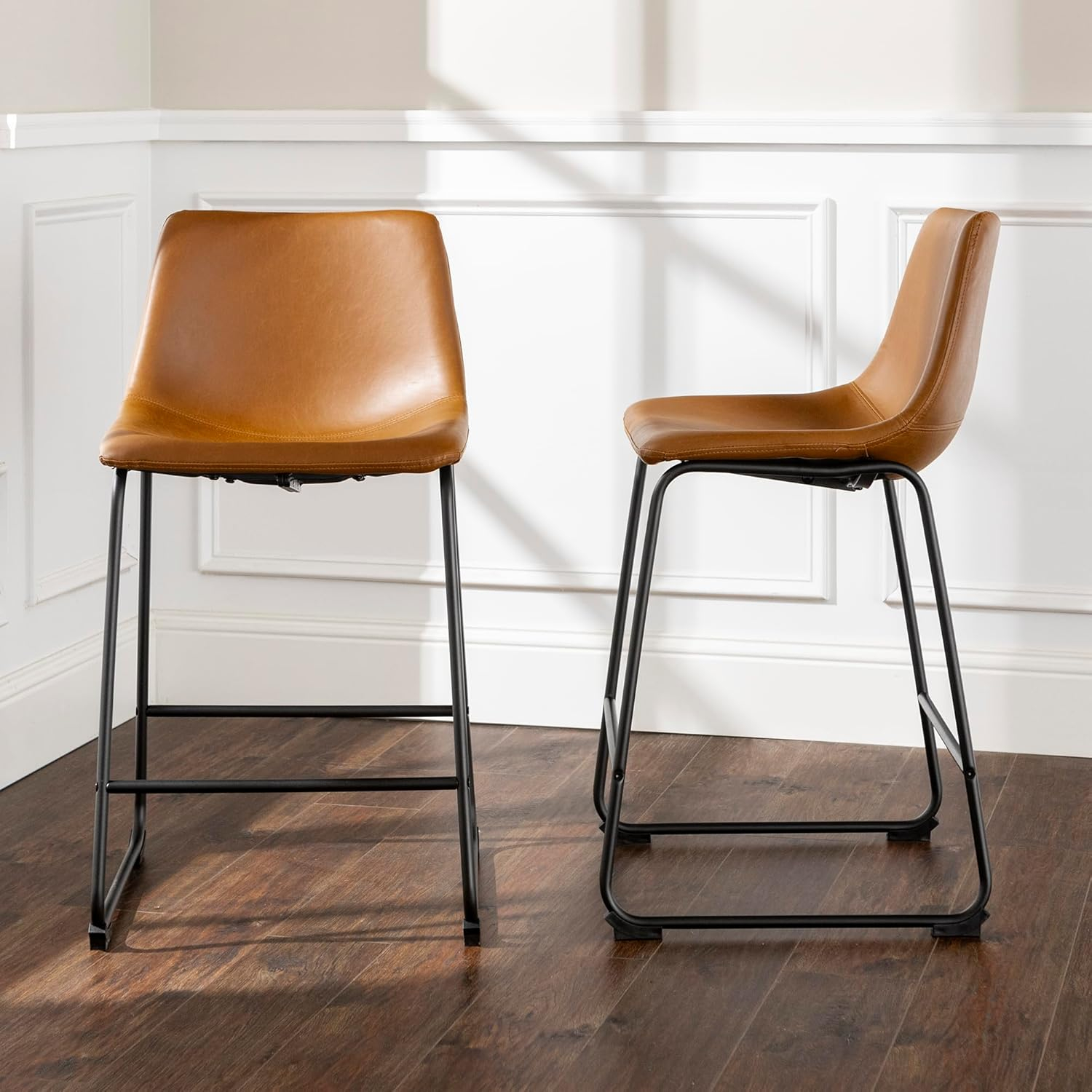 Whiskey Brown Faux Leather Industrial Counter Stools, Set of 2