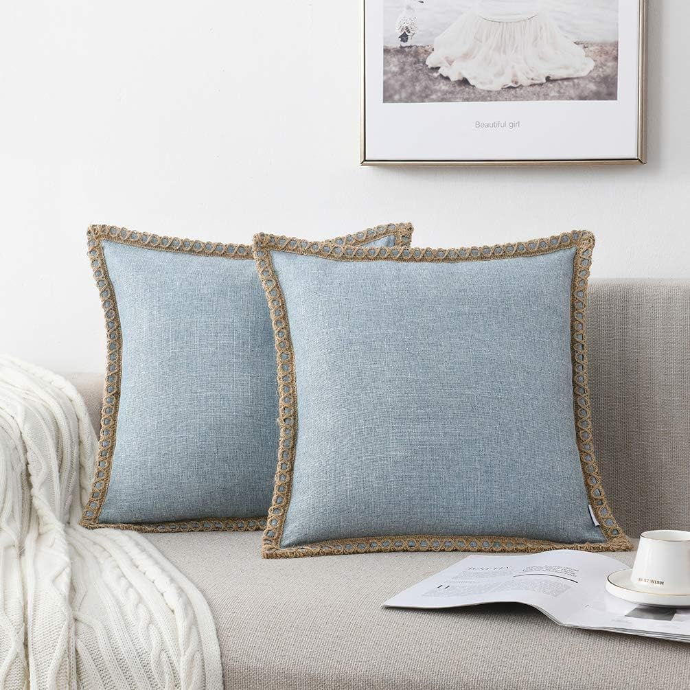NordECO HOME Set of 2 Farmhouse Throw Pillow Covers - Burlap Linen Trimmed Tailored Edges Decorative Cushion Covers for Bed Home Decoration, 16 x 16, Blue
