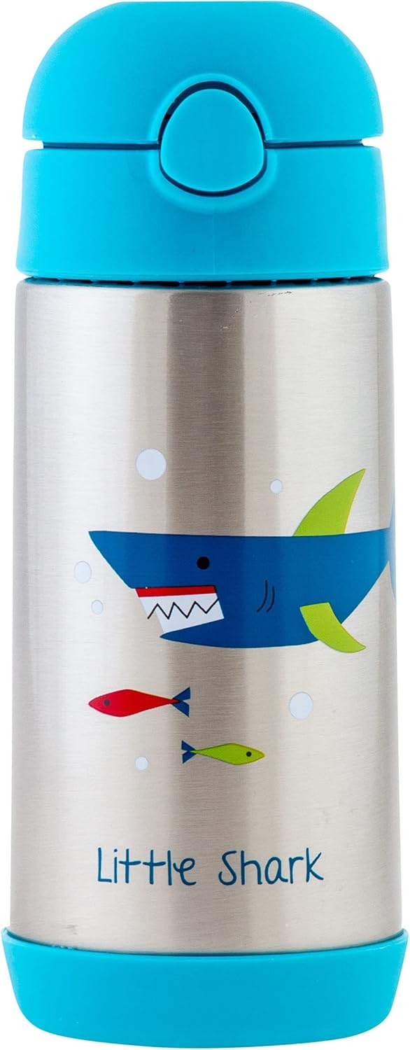 Stephen Joseph Double Wall Stainless Steel Bottles, Insulated Water Bottle for Kids Toddlers, Vacuum Insulated Bottle with Straw, BPA-Free Water Bottle – 11.8 Ounces, SHARK