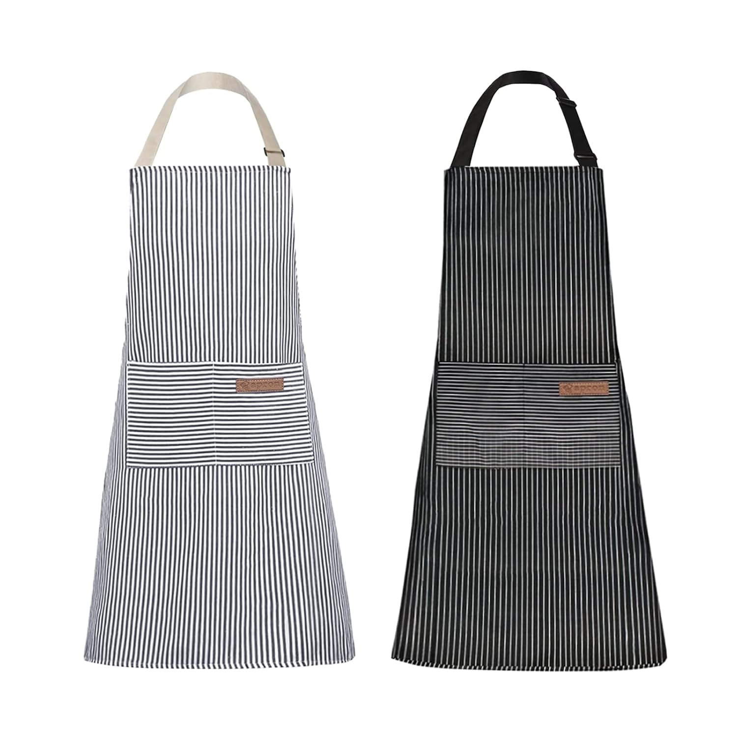 Tosewever 2 Pieces Kitchen Cooking Aprons, Cotton Polyester Blend Adjustable Bib Aprons with 2 Pockets for Women Men Chef Chef (Navy/Black Stripes, 2)